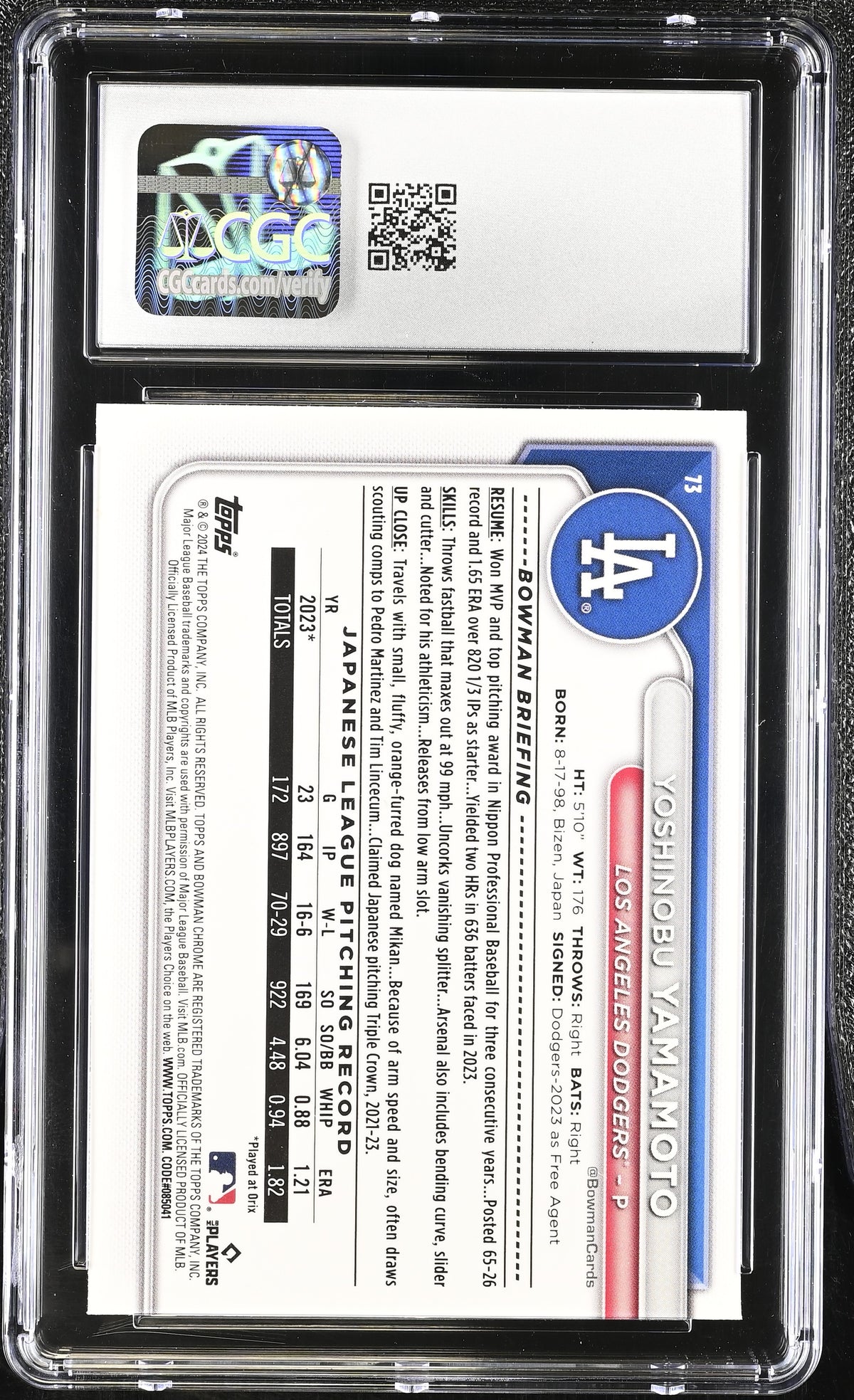 2024 Bowman Chrome Yoshinobu Yamamoto Rookie #73 CGC 10 Los Angeles Dodgers