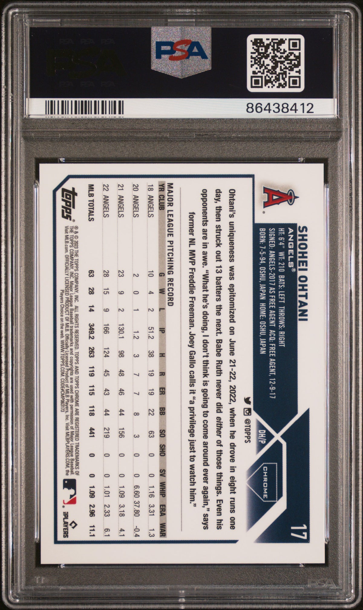 2023 Topps Chrome Shohei Ohtani SP #17 PSA 9 Los Angeles Angels