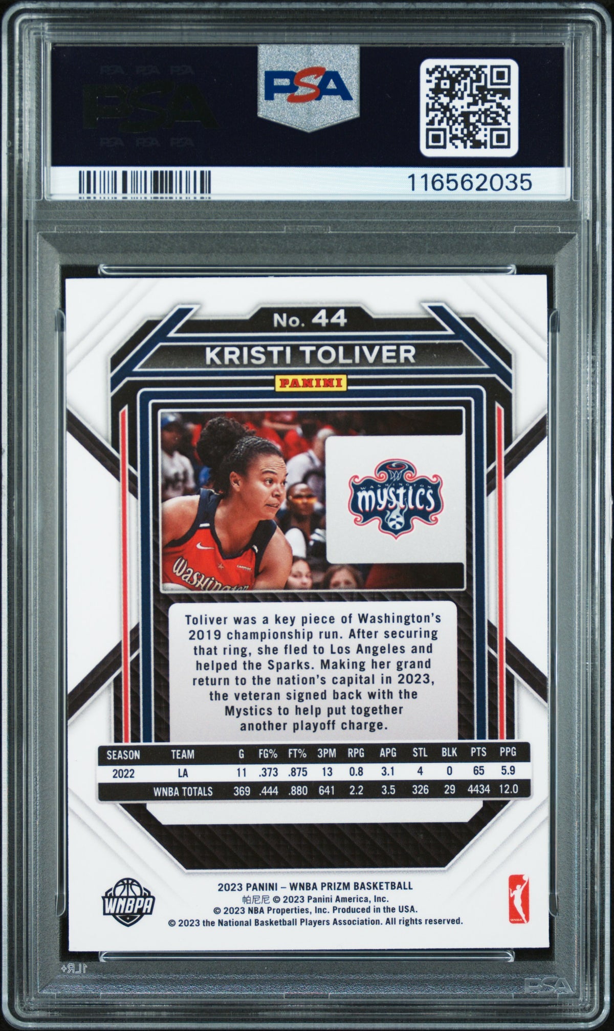 2023 Panini Prizm WNBA Kristi Toliver Auto Autograph #44 PSA Authentic Mystics