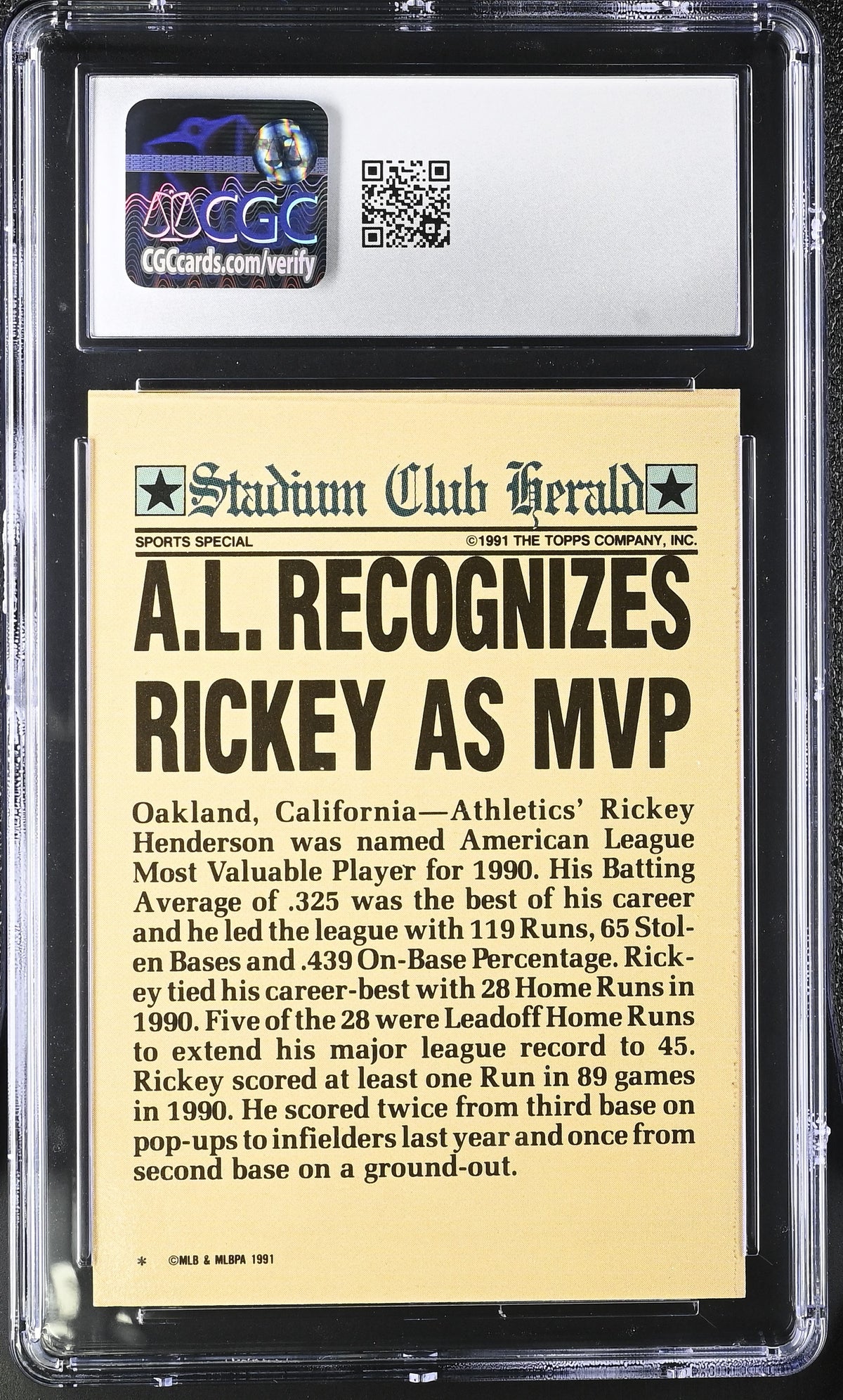 1991 Stadium Club Charter Member Rickey Henderson CGC 10 Oakland Athletics
