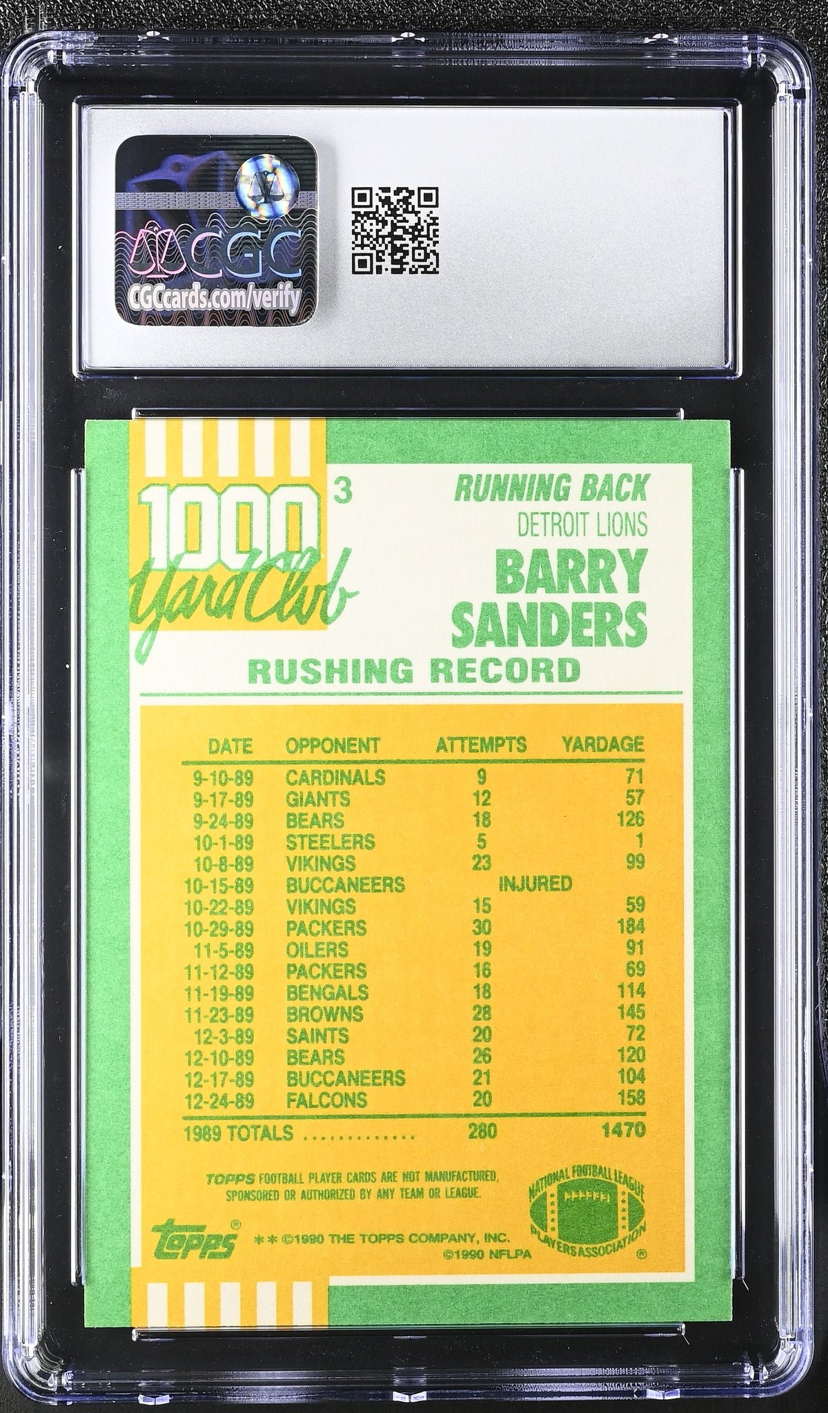 1990 Topps Barry Sanders 1000 Yard Club #3 CGC 9.5 Detroit Lions