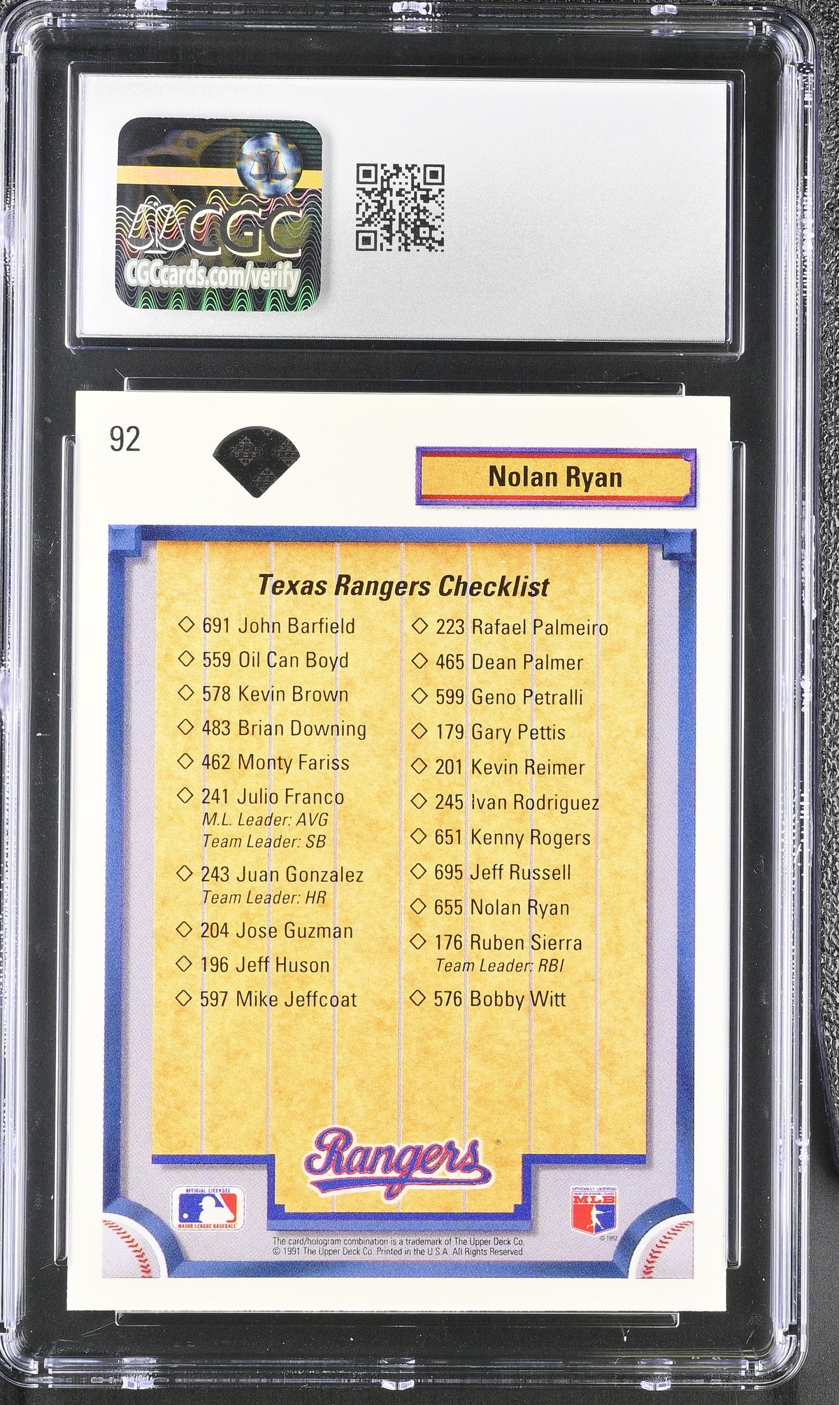 1992 Upper Deck Nolan Ryan Team Checklist #92 CGC 10 Texas Rangers