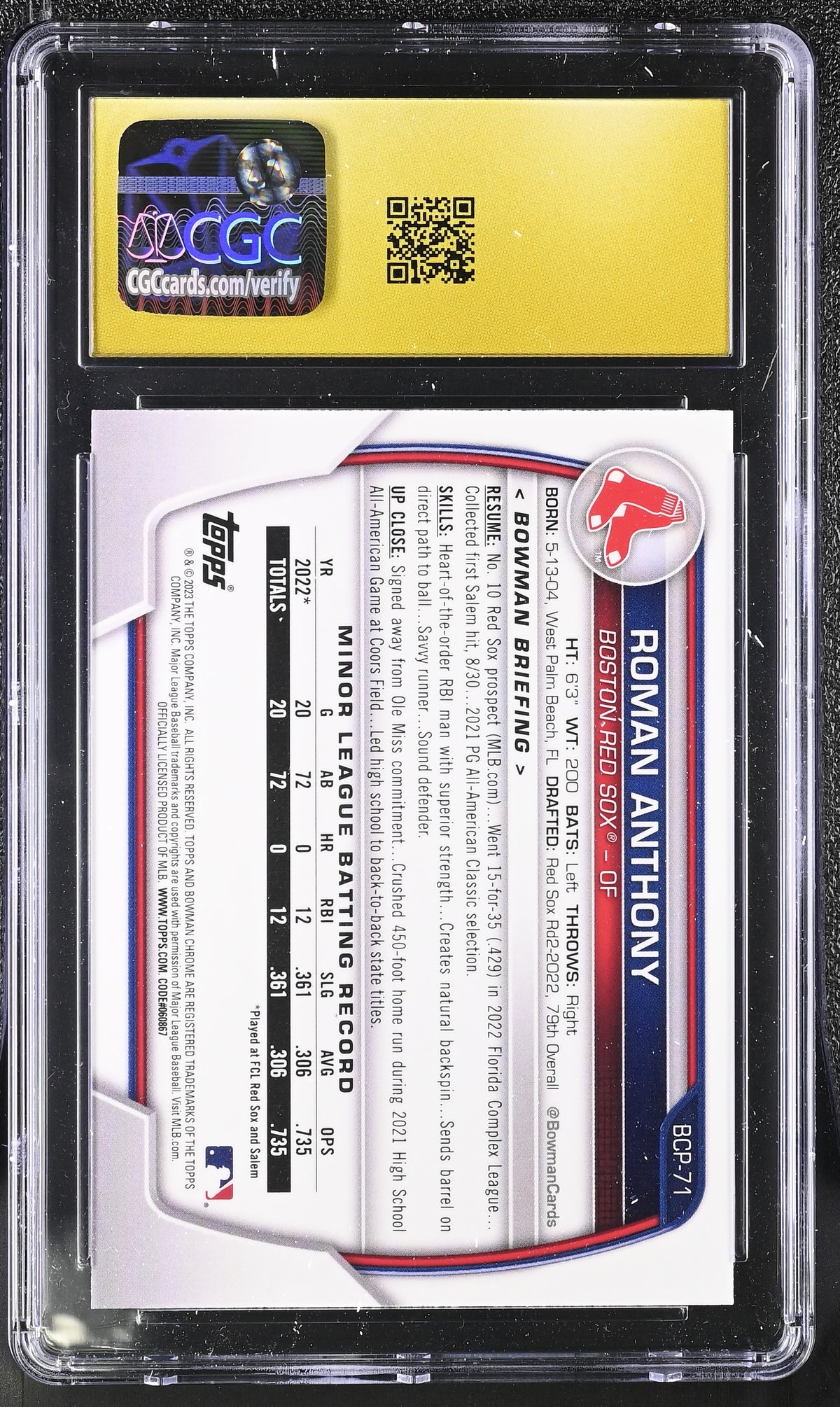 2023 Bowman Mega Box Roman Anthony Rookie #BCP-71 CGC 10 Pristine Red Sox