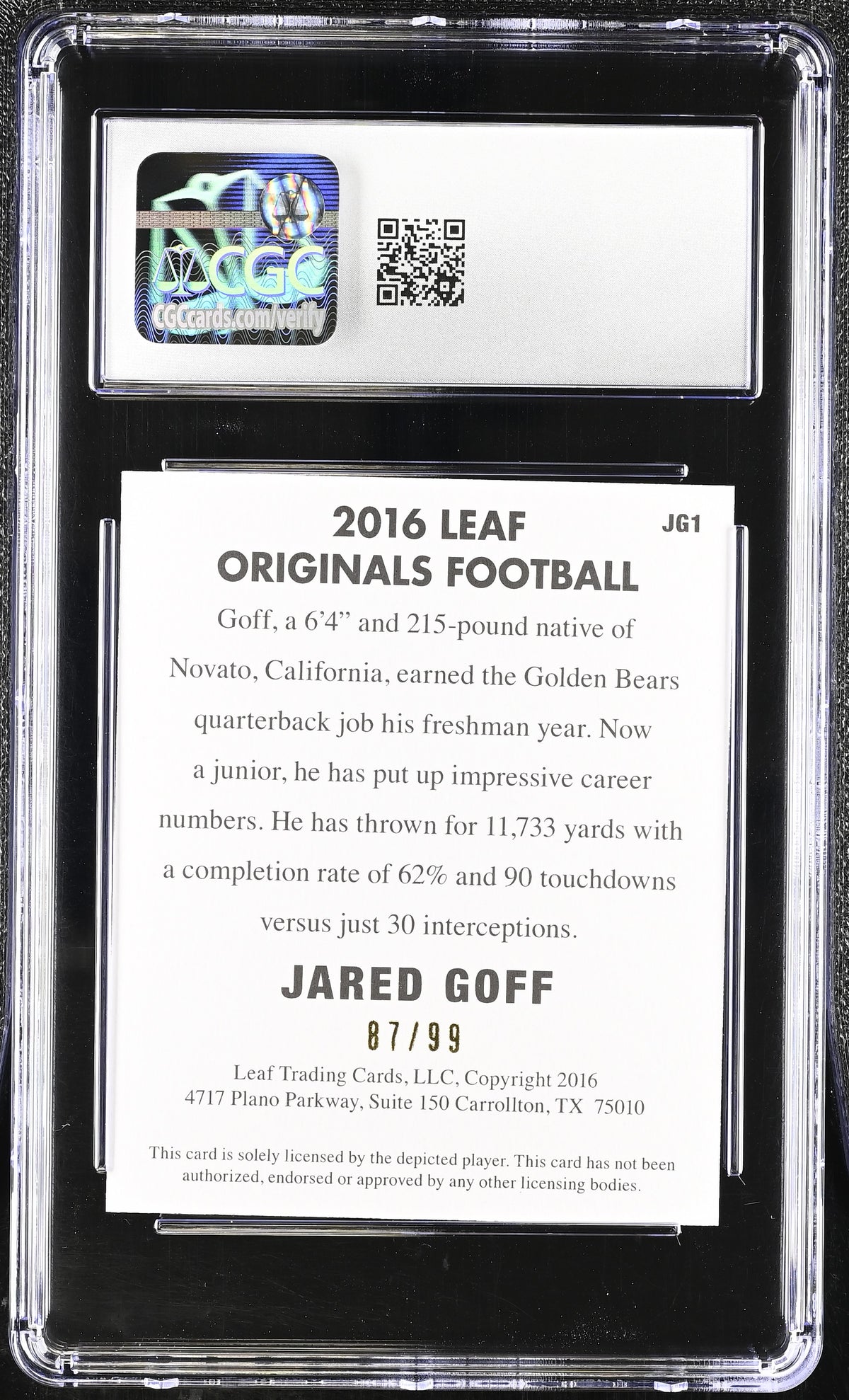 2016 Leaf Originals Jared Goff Yellow /99 Rookie #JG1 CGC 10 California