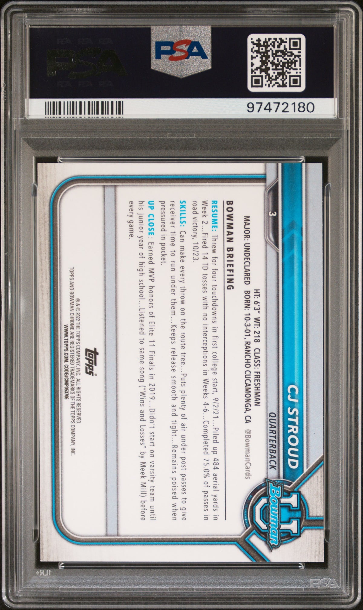 2021 Bowman University Chrome Prospects CJ Stroud Yellow /75 Rookie #3 PSA 9