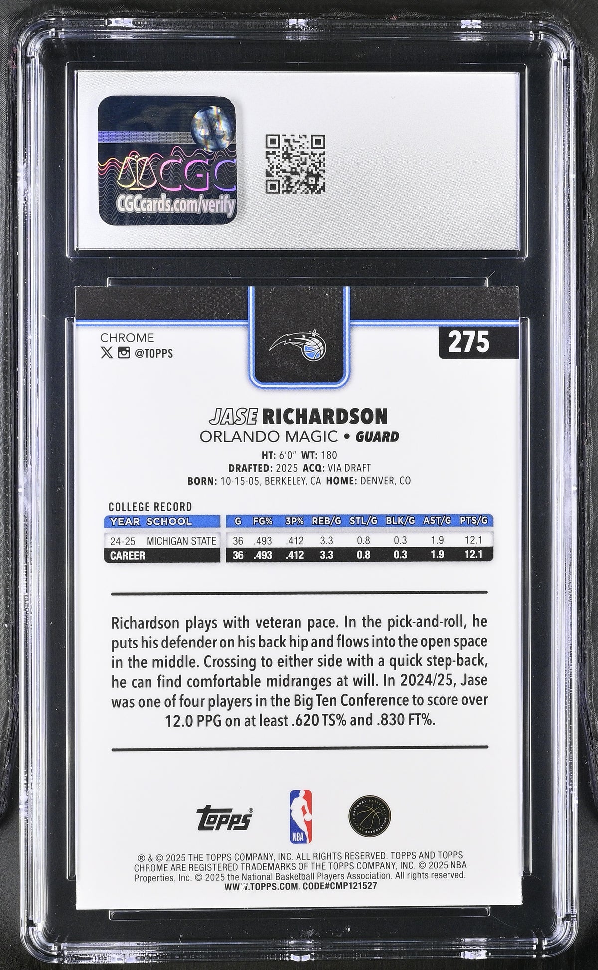2025-26 Topps Chrome Jase Richardson X-Fractor Rookie #275 CGC 10 Orlando Magic
