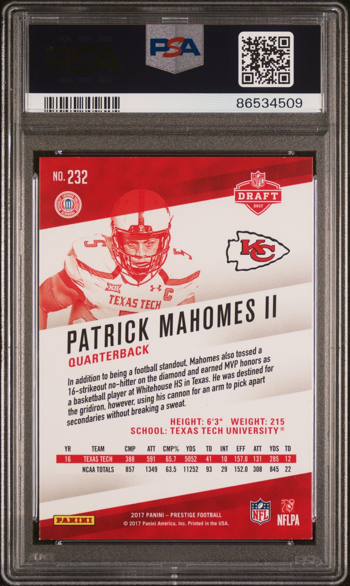 2017 Panini Prestige Patrick Mahomes II Rookie #232 PSA 8 Kansas City Chiefs
