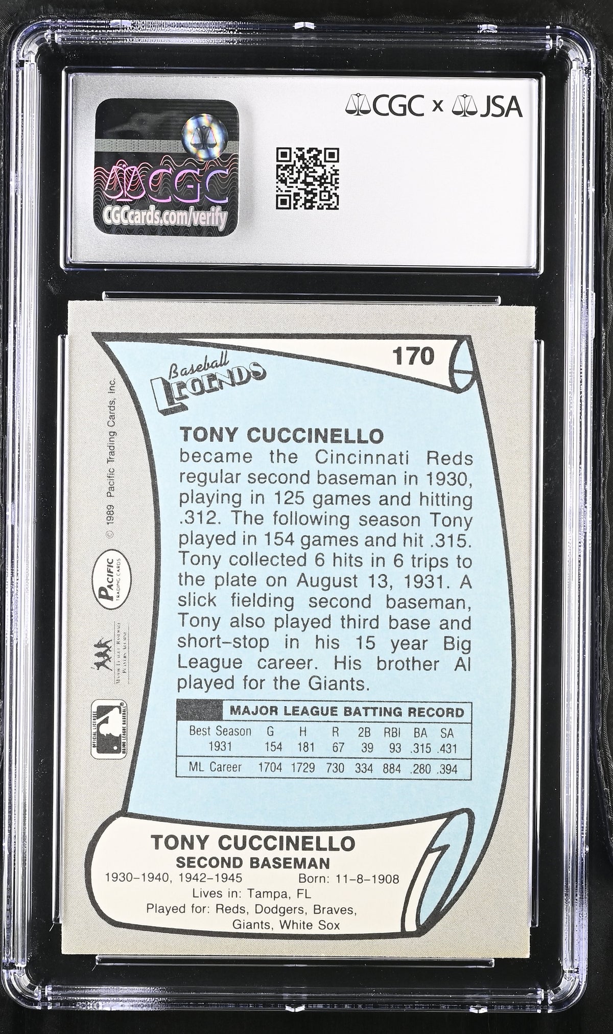 1989 Pacific Legends Tony Cuccinello #170 CGC Authentic JSA