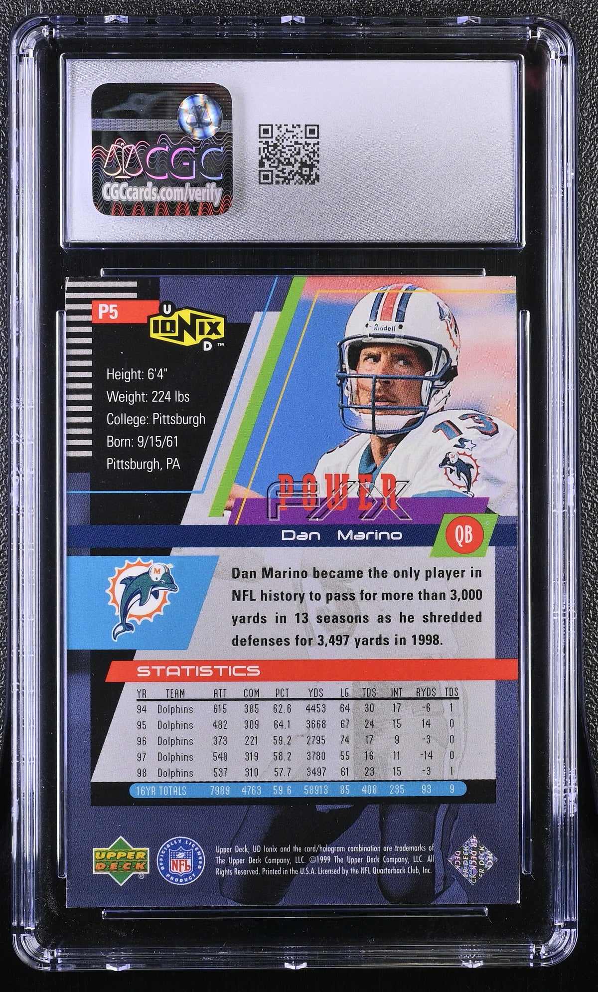 1999 UD Ionix Dan Marino Power F/X #P5 CGC 9.5 Miami Dolphins