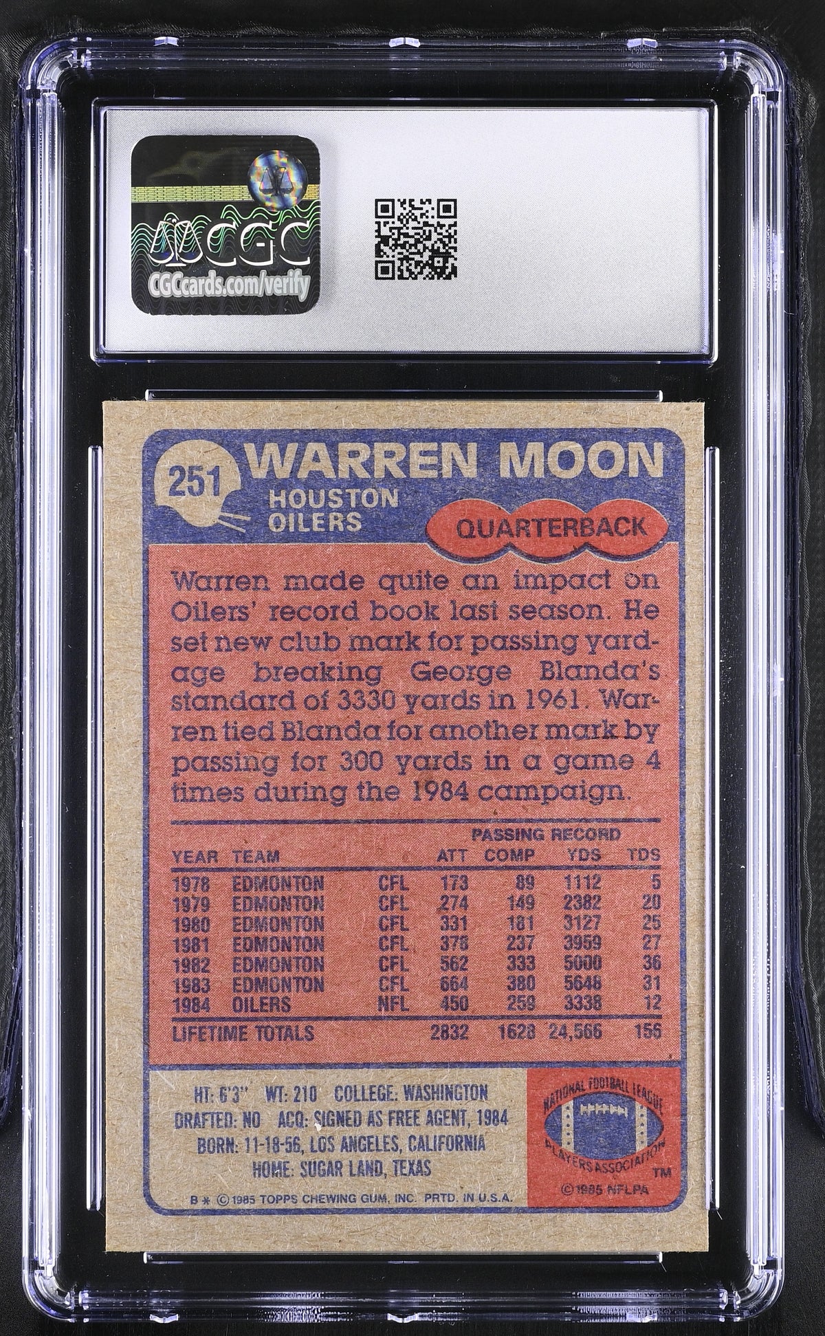 1985 Topps Warren Moon #251 CGC 7 Houston Oilers