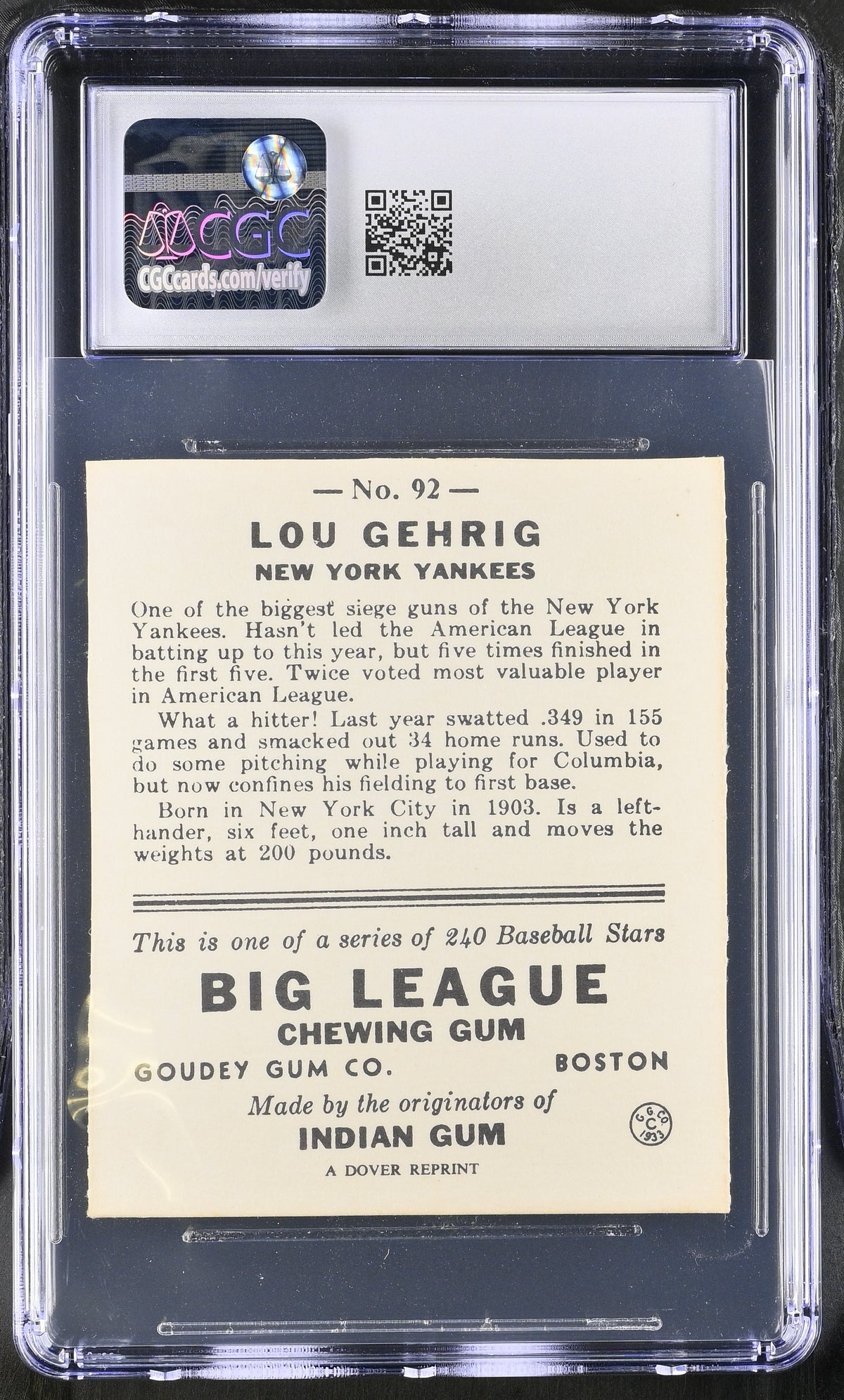 1977 Dover Reprints Lou Gehrig '33 Goudey #92 CGC Authentic New York Yankees