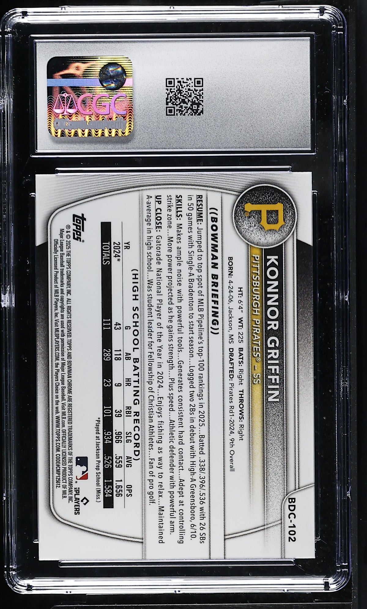 2025 Bowman Draft Konnor Griffin Rookie Chrome #BDC-102 CGC 10 Pirates