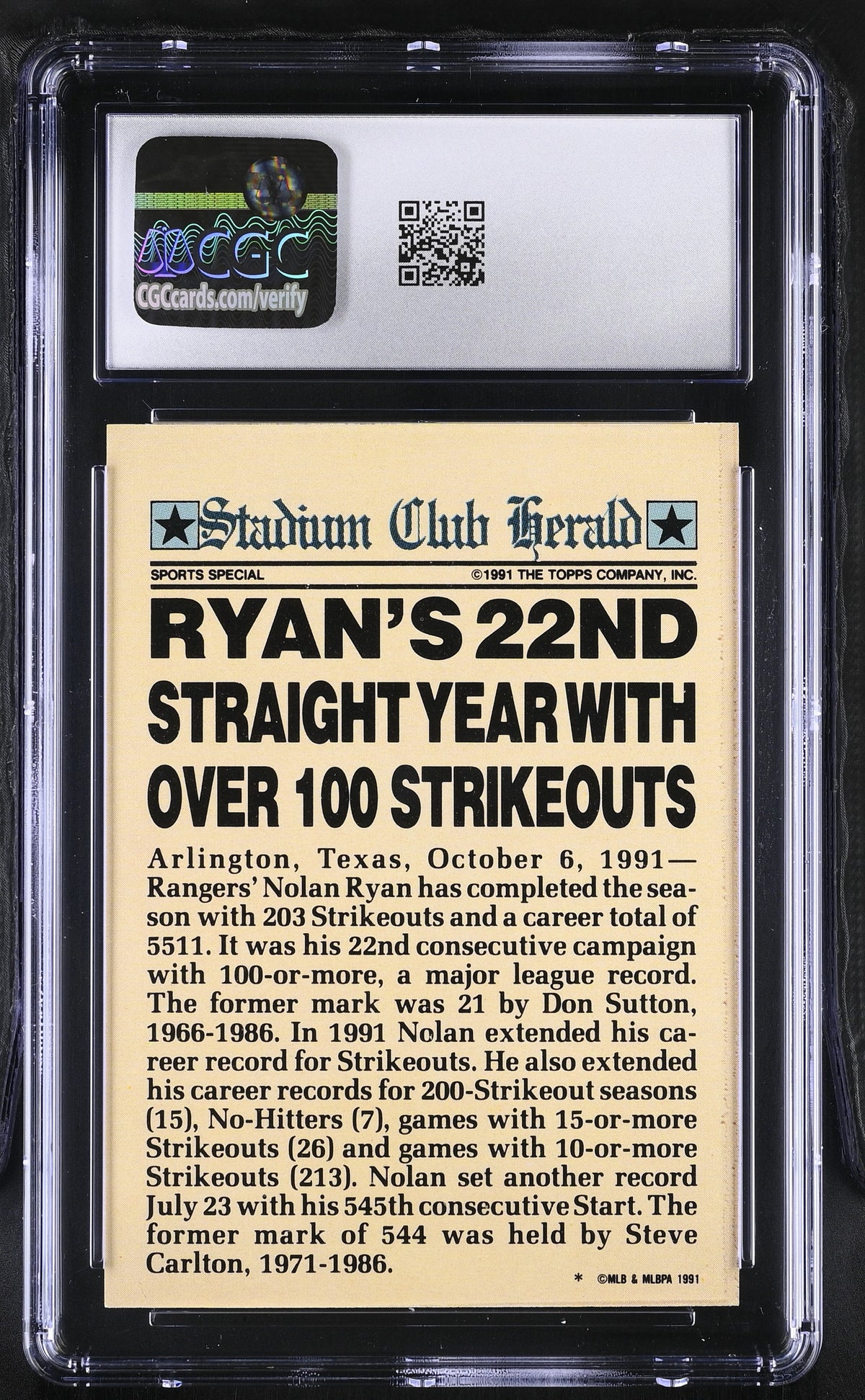 1991 Stadium Club Members Only Nolan Ryan CGC 9.5 Texas Rangers