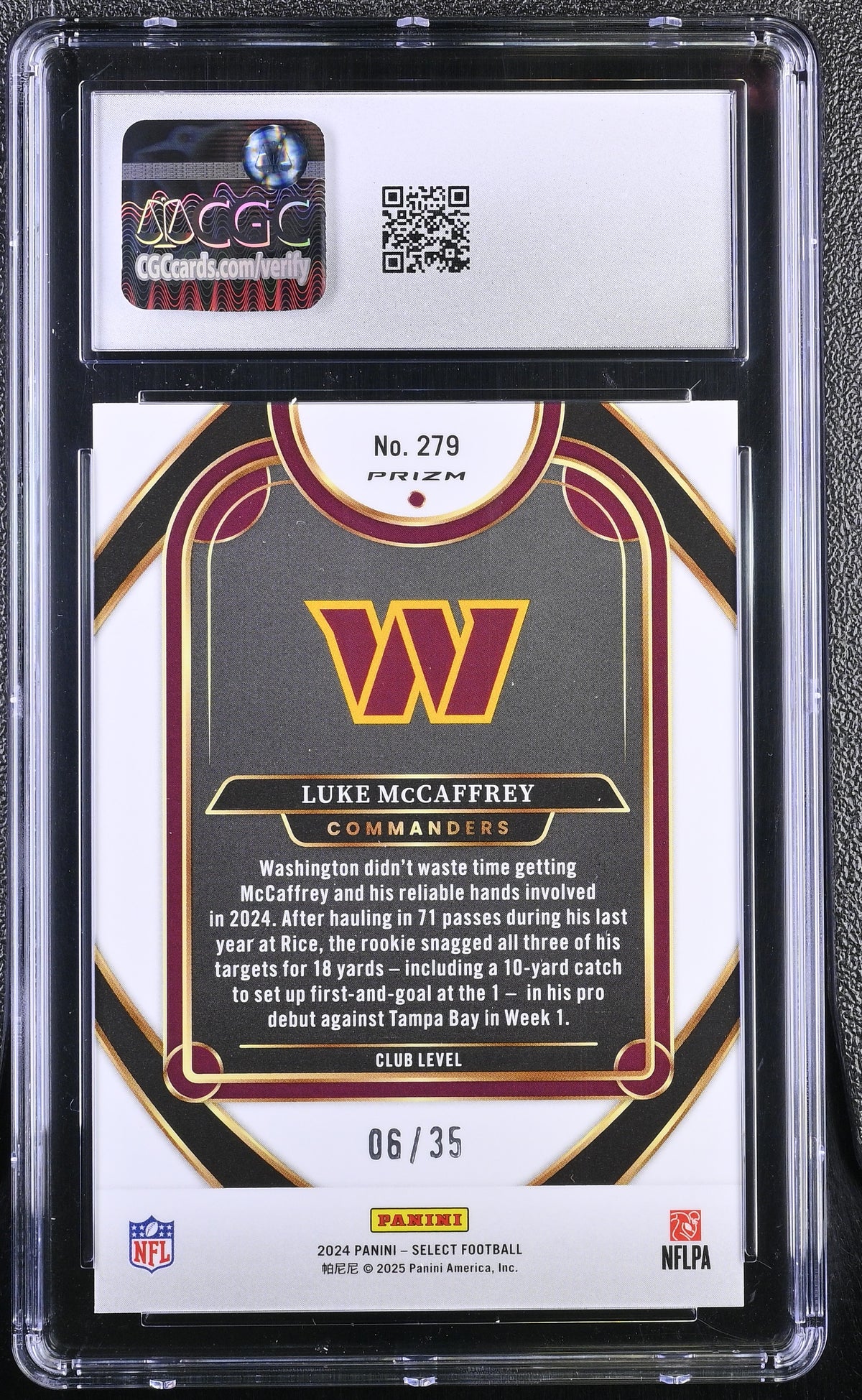 2024 Panini Select Luke McCaffrey White /35 Rookie #279 CGC 10 Commanders