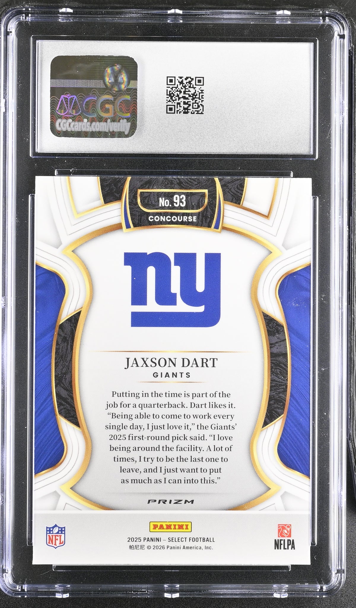2025 Panini Select Jaxson Dart Pink Shock Rookie #93 CGC 9 New York Giants