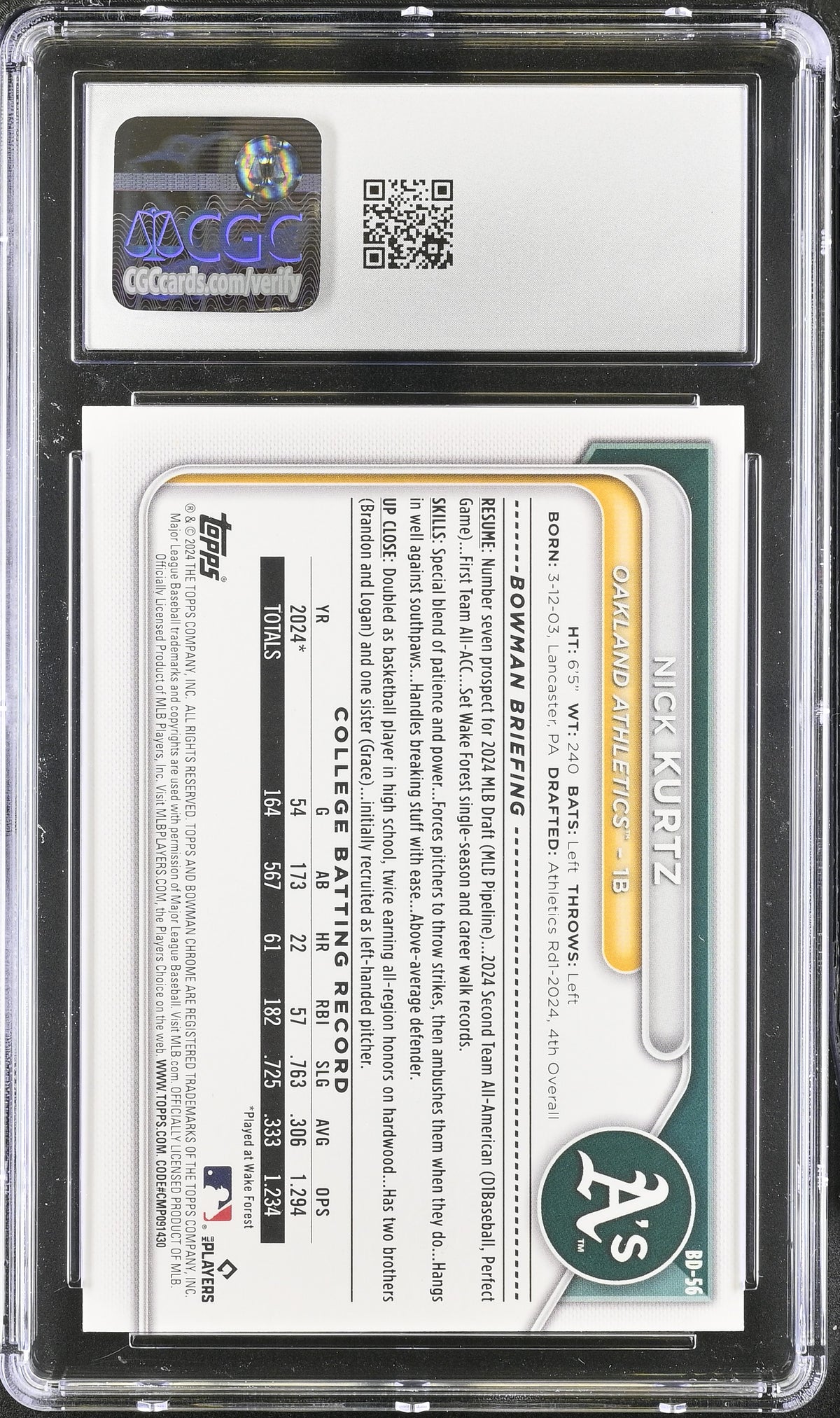 2024 Bowman Draft Nick Kurtz Rookie #BD-56 CGC 9 Oakland Athletics