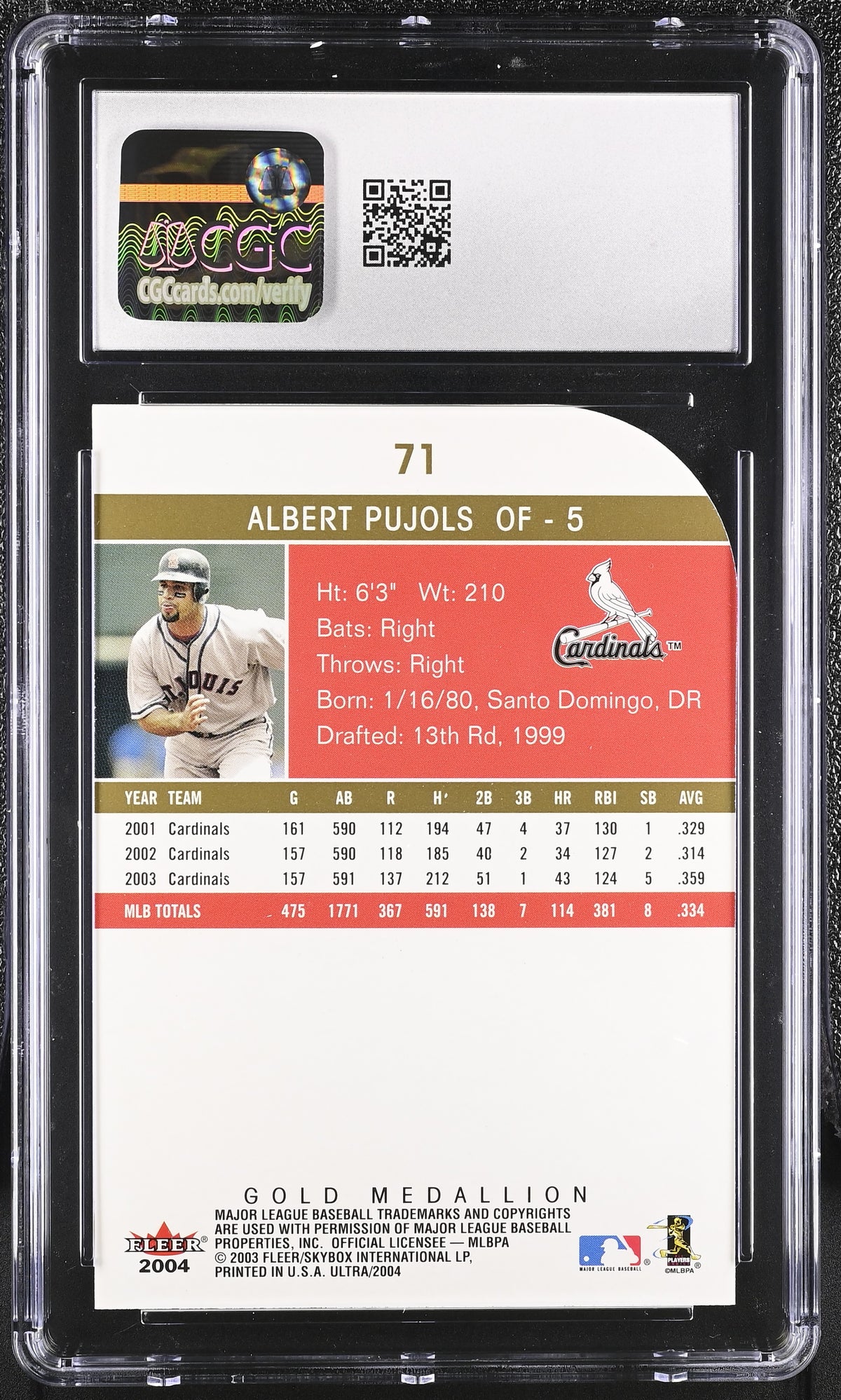 2004 Fleer Ultra Albert Pujols Gold Medallion #71 CGC 10 St. Louis Cardinals