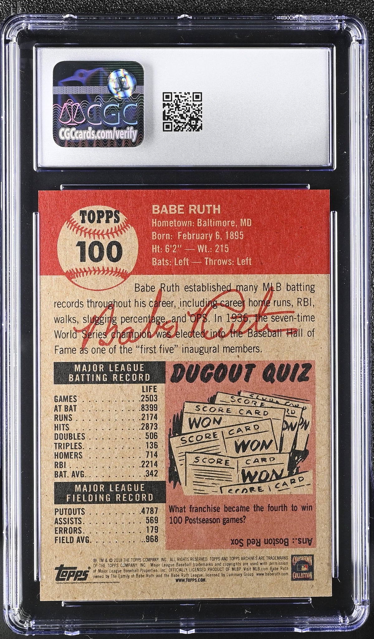 2018 Topps Living Set Babe Ruth #100 CGC 10 New York Yankees