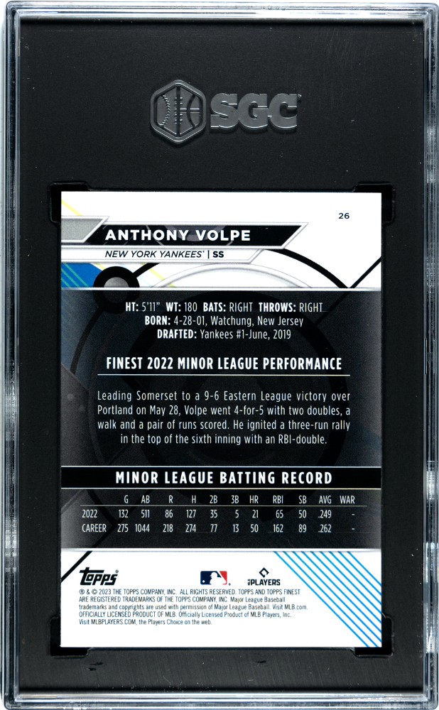 2023 Topps Finest Anthony Volpe Rookie #26 SGC 10 New York Yankees