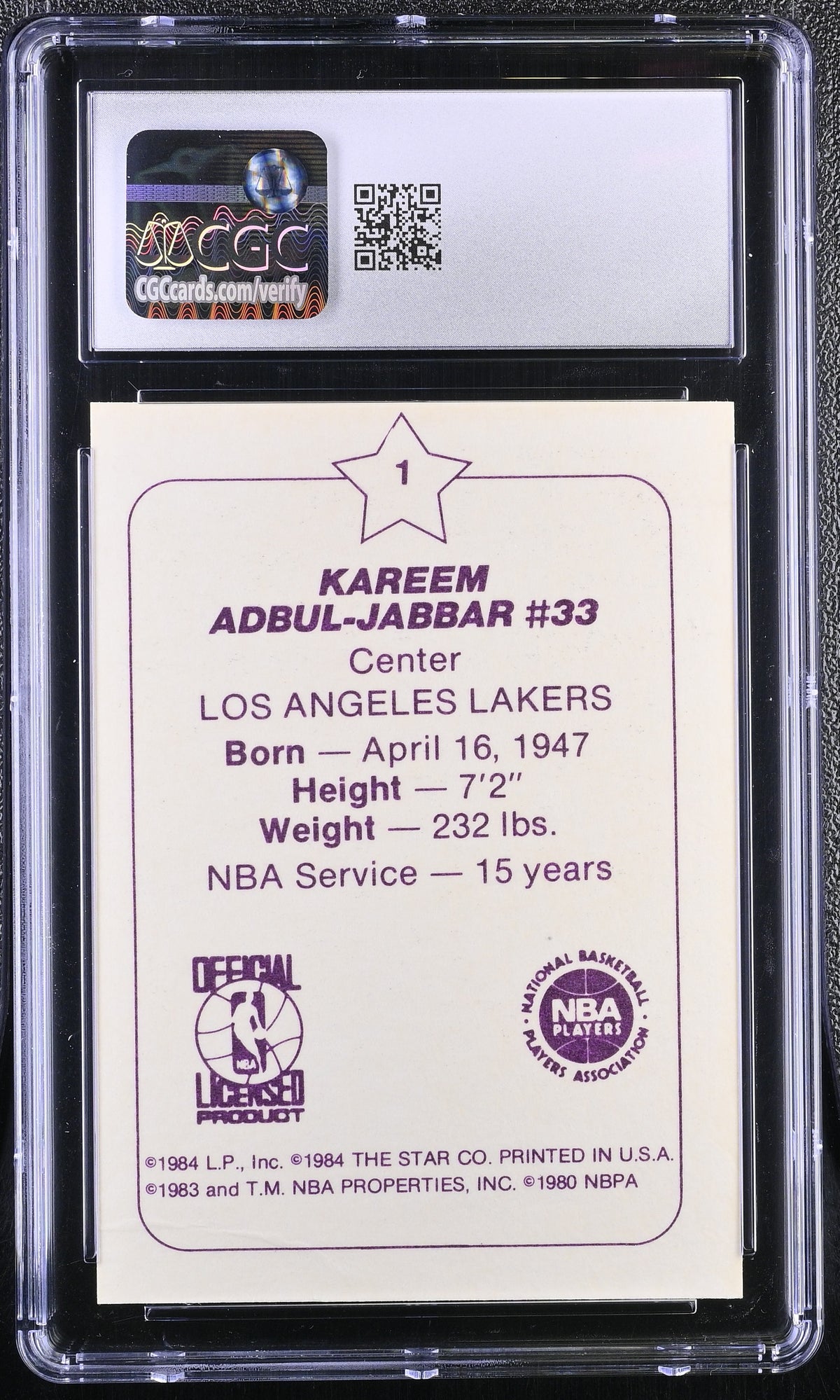 1984-85 Star Arena Kareem Abdul-Jabbar Los Angeles Lakers #1 CGC 3