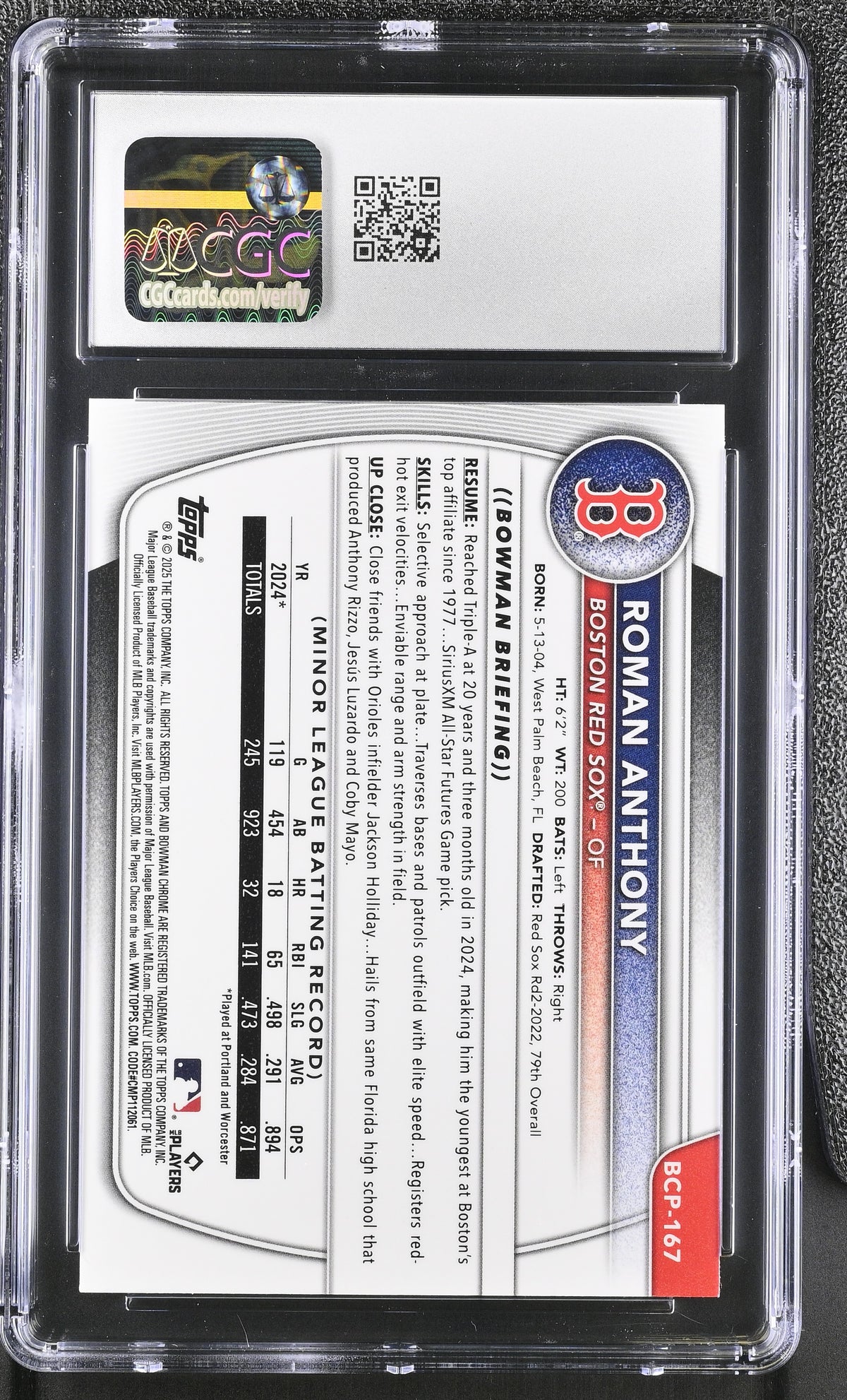 2025 Bowman Chrome Roman Anthony Rookie Prospects #BCP-167 CGC 10 Boston Red Sox