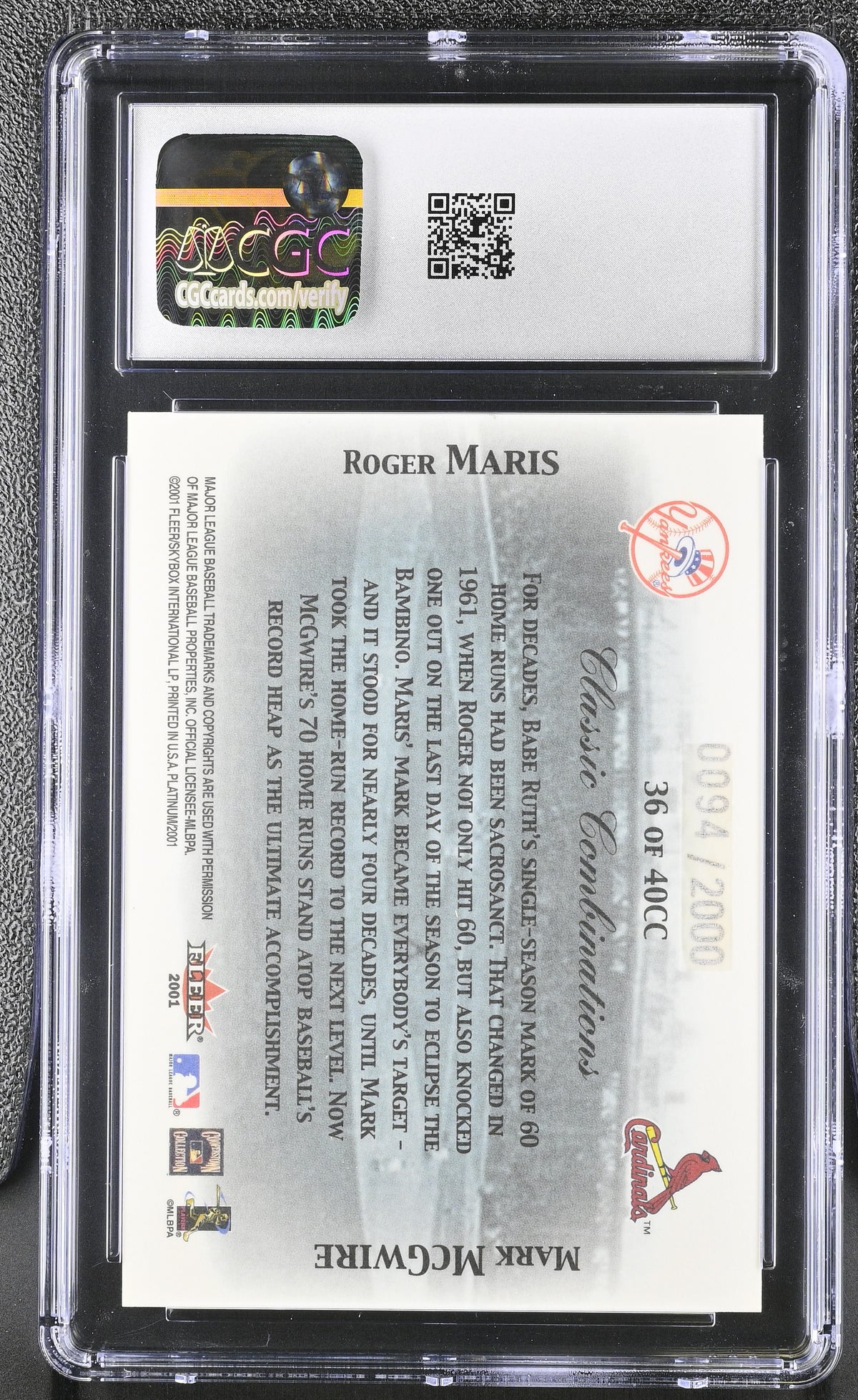 2001 Fleer Platinum Roger Maris/Mark McGwire /2000 Classic Combinations CGC 10