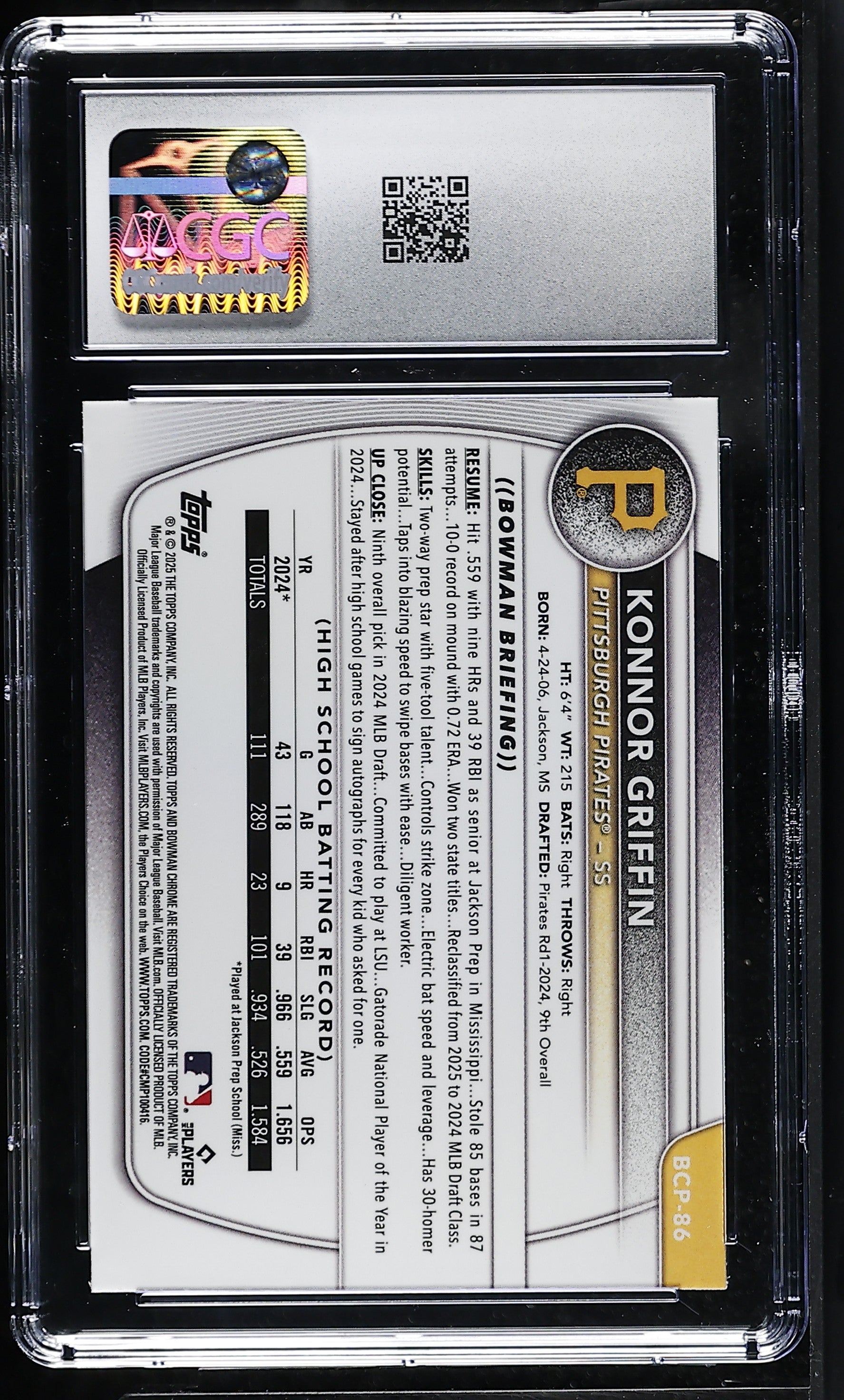 2025 Bowman Konnor Griffin #BCP-86 Chrome Prospects CGC 9.5