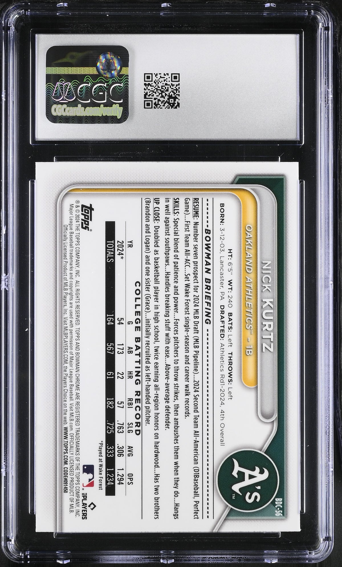 2024 Bowman Draft Nick Kurtz Rookie Chrome #BDC-56 CGC 9.5 Oakland Athletics