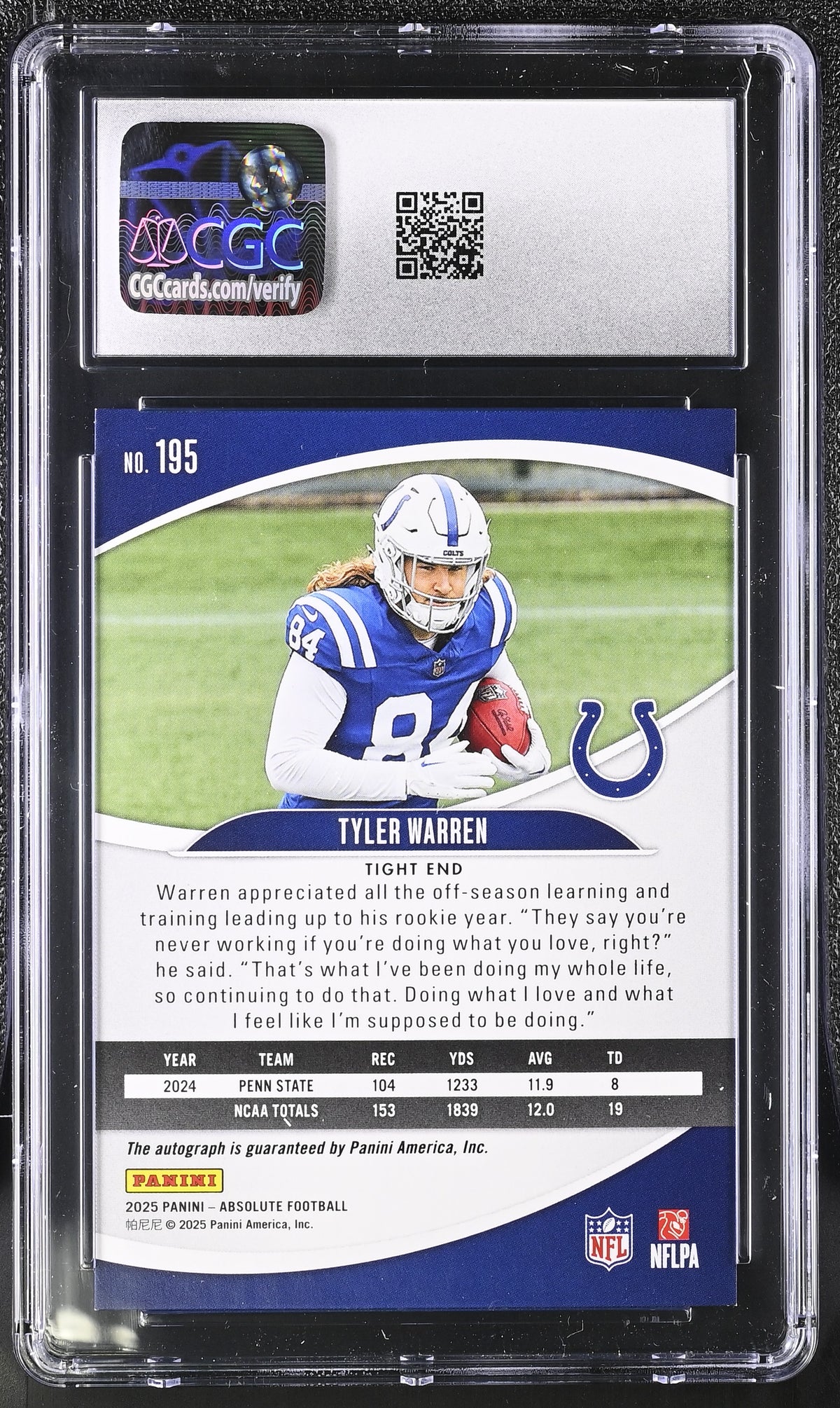 2025 Absolute Tyler Warren Red Squares /150 Rookie Signatures #195 CGC 9 Colts