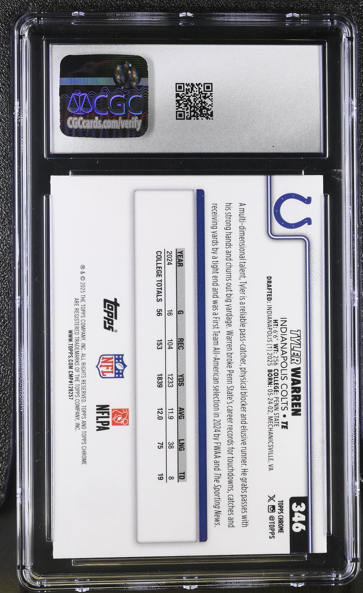 2025 Topps Chrome Tyler Warren Pulsar Refractor Rookie #346 CGC 9.5 Colts