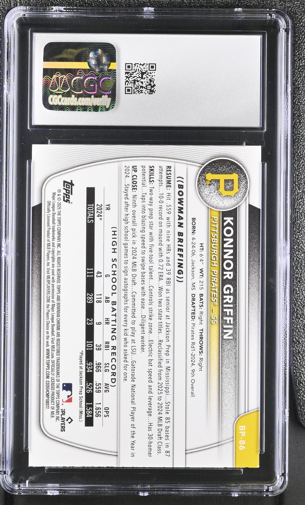 2025 Bowman Konnor Griffin Rookie Prospects #BP-86 CGC 10 Pittsburgh Pirates