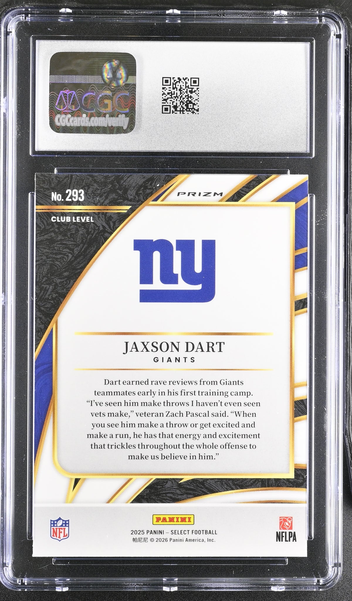2025 Panini Select Jaxson Dart Silver Rookie #293 CGC 10 New York Giants