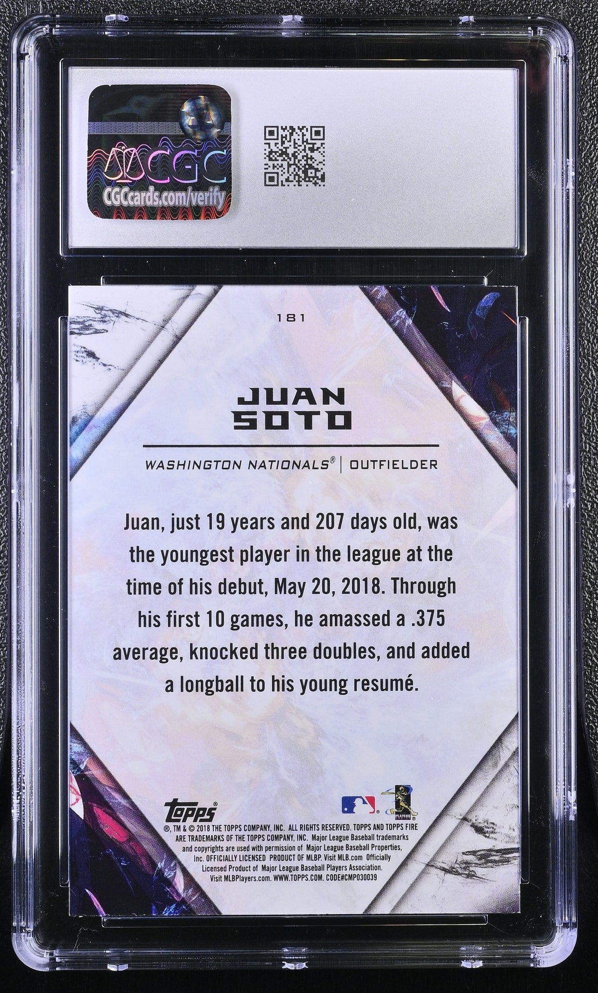 2018 Topps Fire Juan Soto Rookie #181 CGC 9.5 Washington Nationals