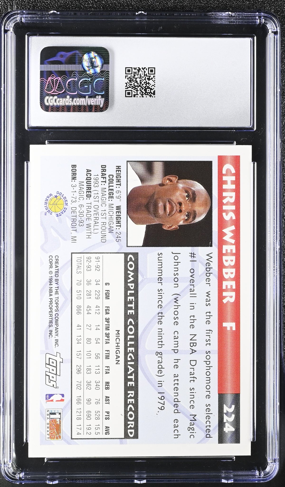 1993-94 Topps Gold Chris Webber #224 CGC 9