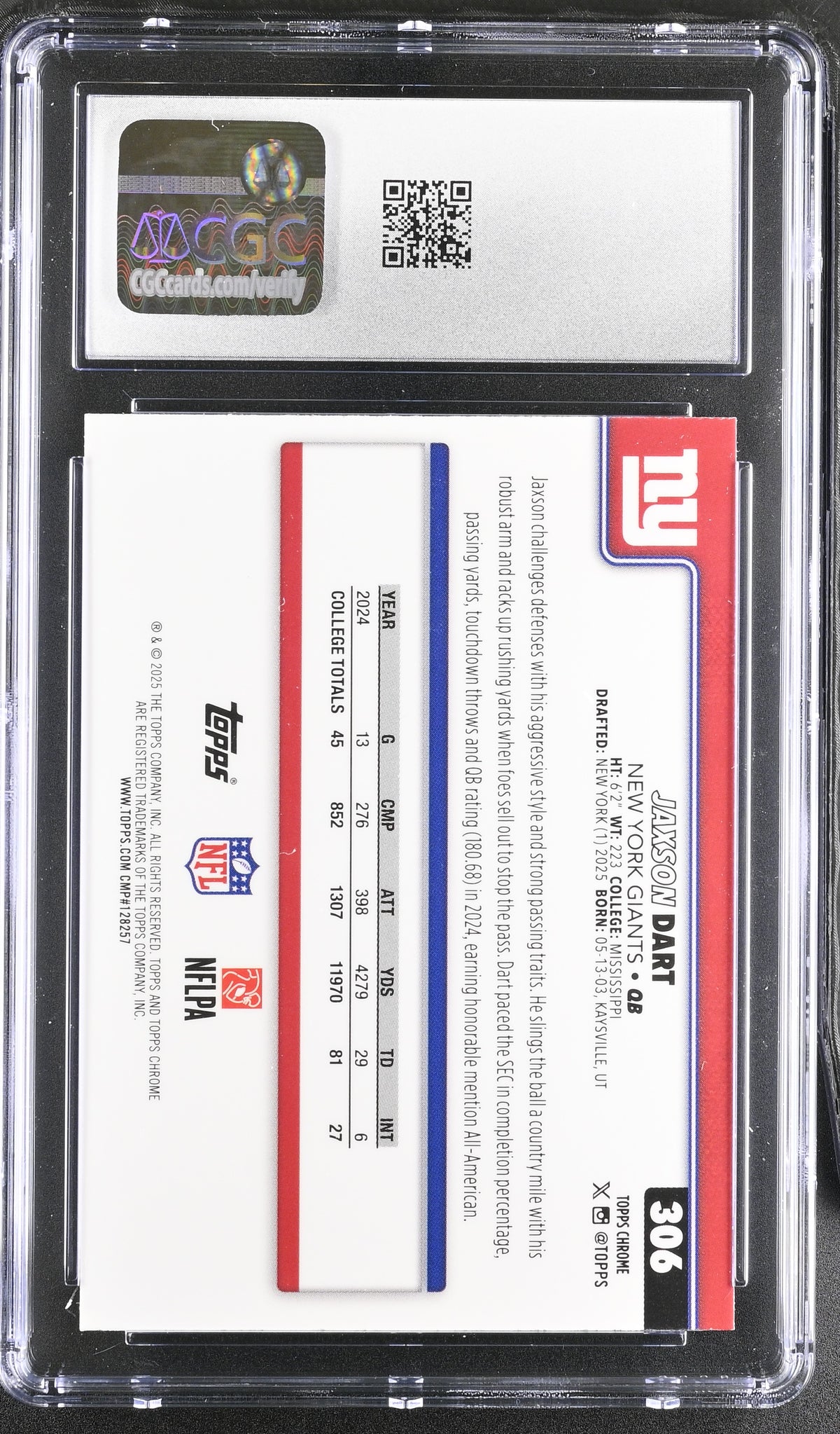2025 Topps Chrome Jaxson Dart X-Fractor Rookie #306 CGC 9 New York Giants