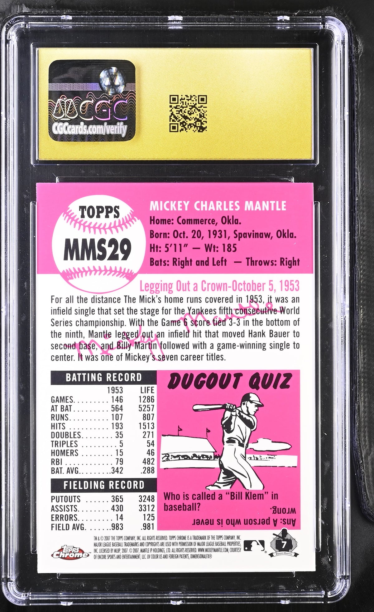 2007 Topps Chrome Mickey Mantle Story #MMS29 CGC 10 Pristine Yankees