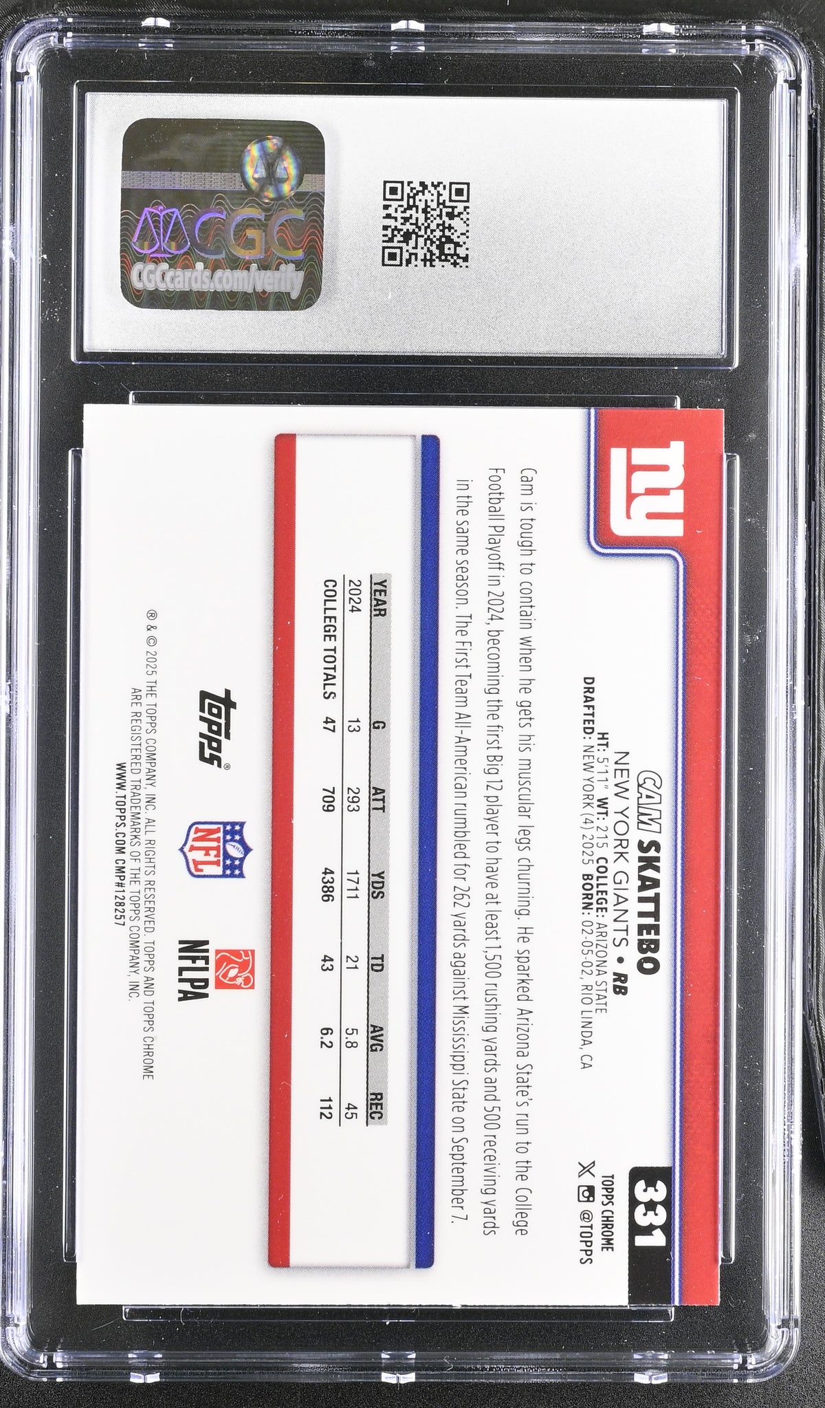 2025 Topps Chrome Cam Skattebo Pulsar Refractor Rookie #331 CGC 10 Giants