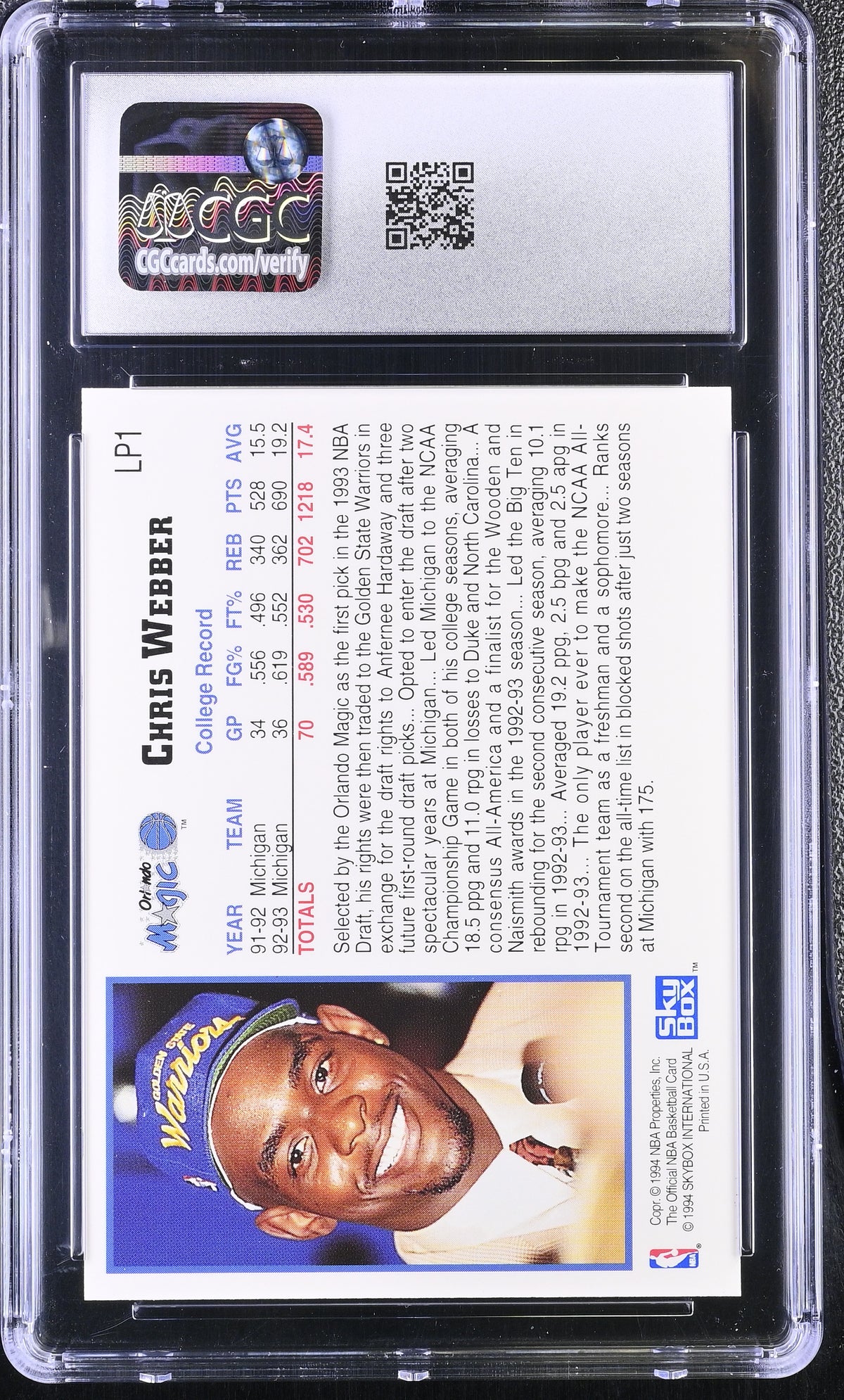 1993-94 Hoops Chris Webber Draft Redemption #LP1 CGC 9