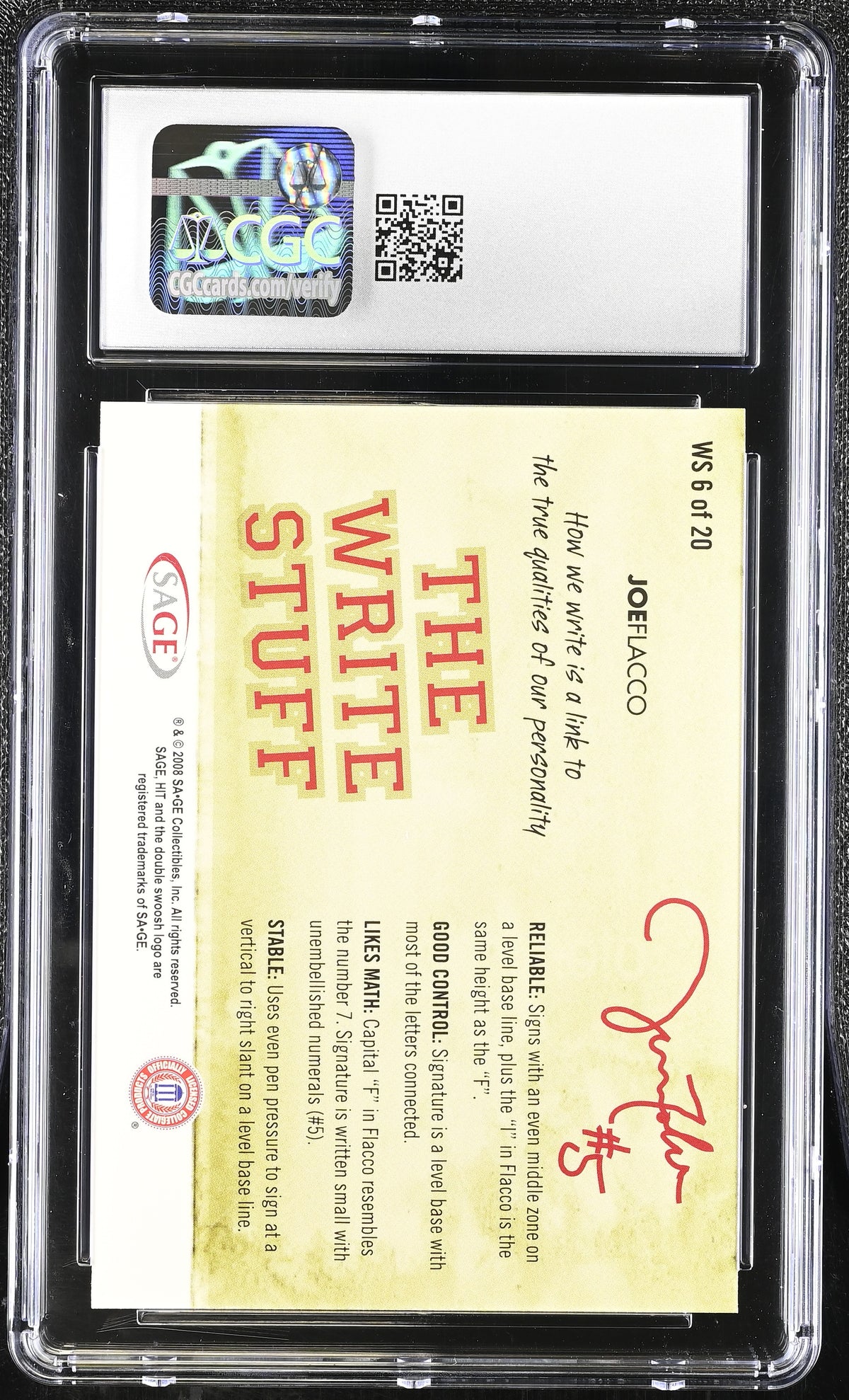 2008 Sage Hit Joe Flacco Rookie The Write Stuff #WS6 CGC 10 Michigan Wolverines