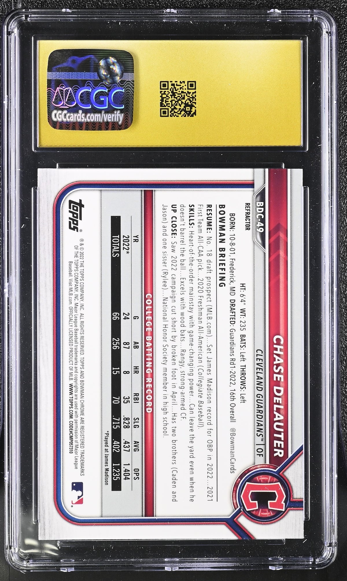 2022 Bowman Draft Chase DeLauter Refractor Rookie #BDC-49 CGC Pristine 10