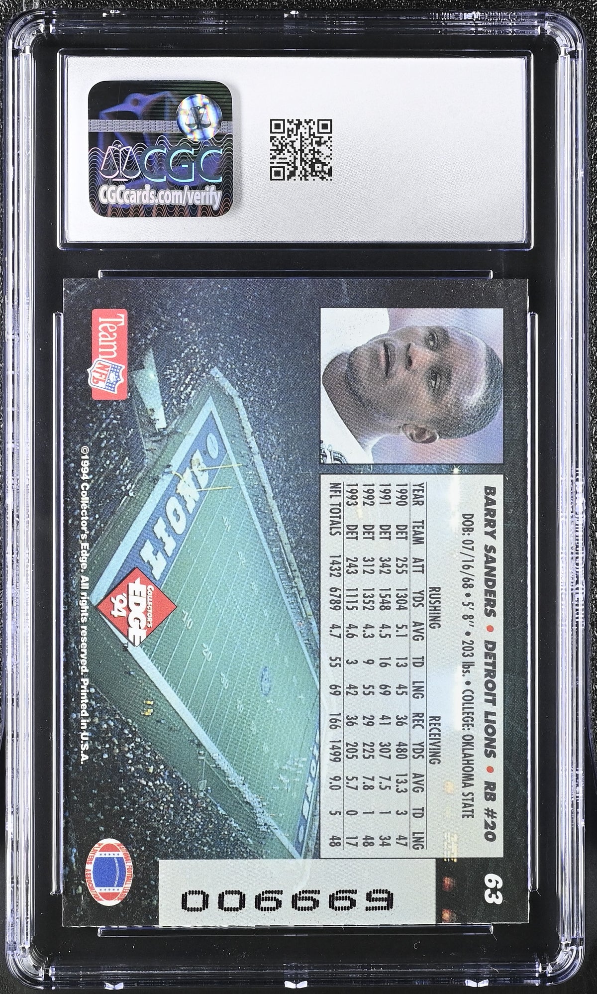 1994 Collector's Edge Barry Sanders 1st Day Gold #63 CGC 9 Detroit Lions