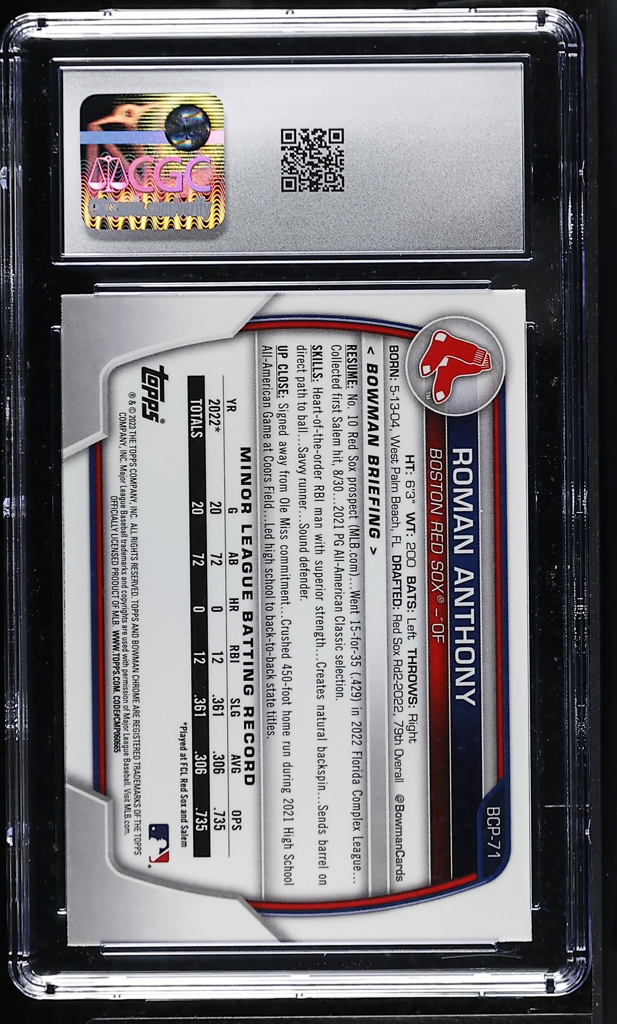 2023 Bowman Roman Anthony Rookie Chrome Prospects #BCP-71 CGC 9 Boston Red Sox