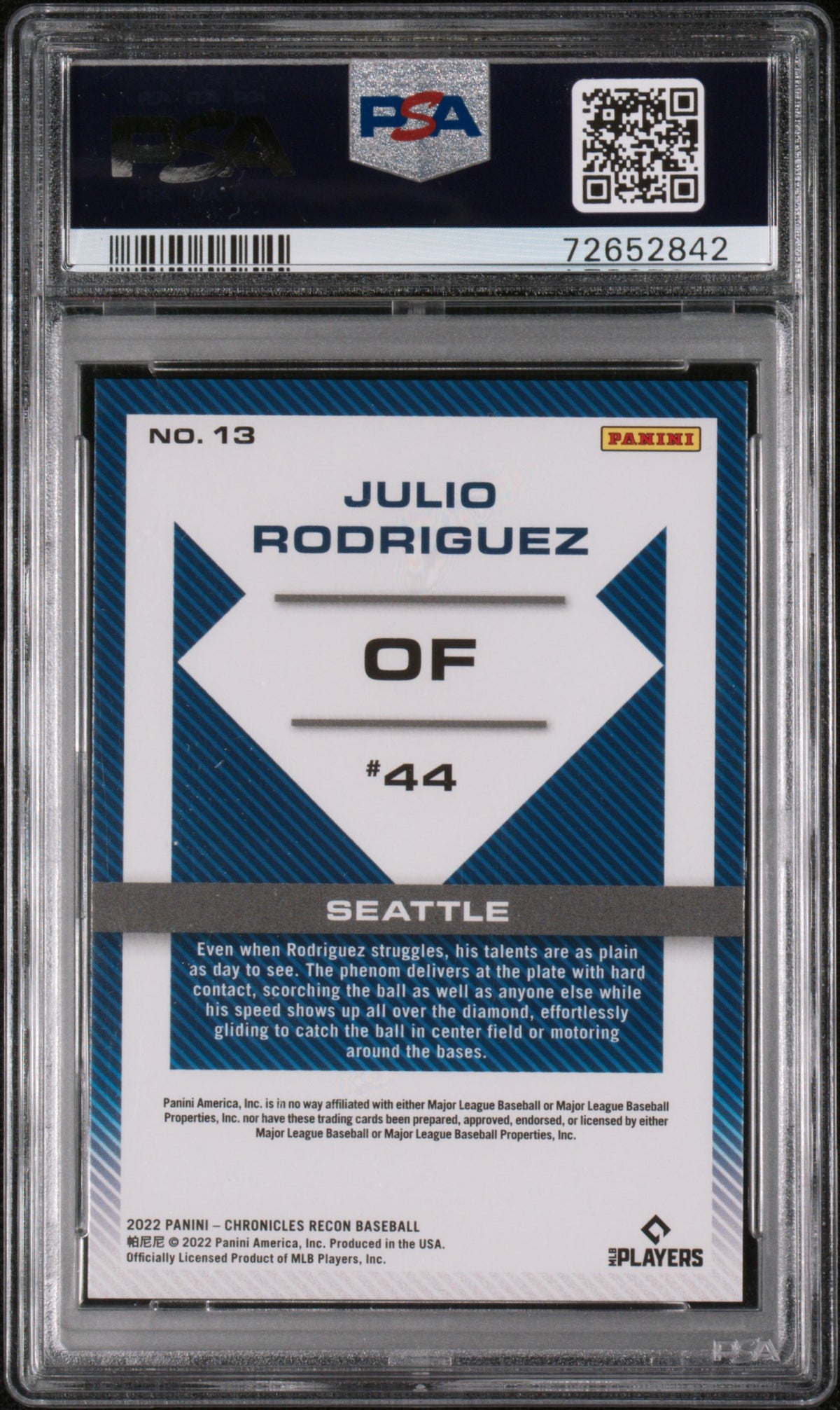 2022 Panini Chronicles Recon Julio Rodriguez Purple /25 Rookie 13 PSA 9 Mariners