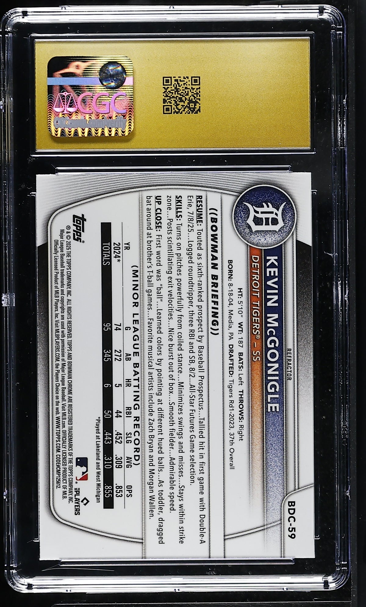 2025 Bowman Draft Kevin McGonigle Refractor Chrome BDC-59 CGC 10 Pristine Tigers