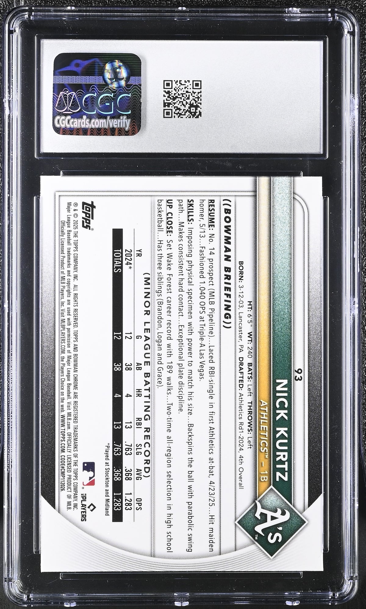 2025 Bowman Chrome Nick Kurtz Rookie #93 CGC 9 Oakland Athletics