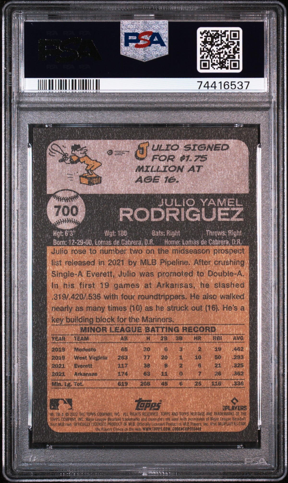 2022 Topps Heritage Julio Rodriguez Chrome Purple Rookie #700 PSA 9 Mariners