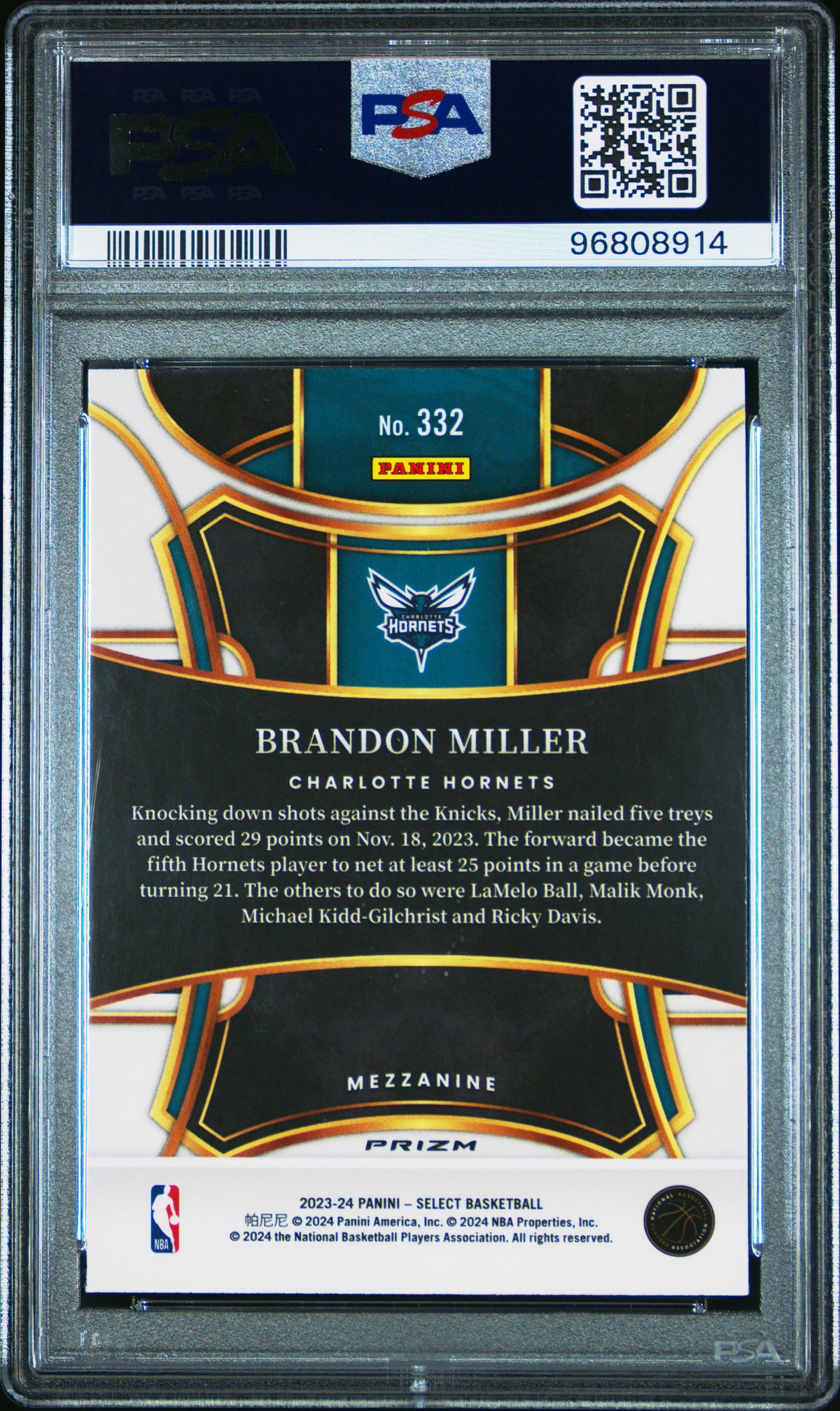 2023 Panini Select Brandon Miller Green Shock #332 PSA 9