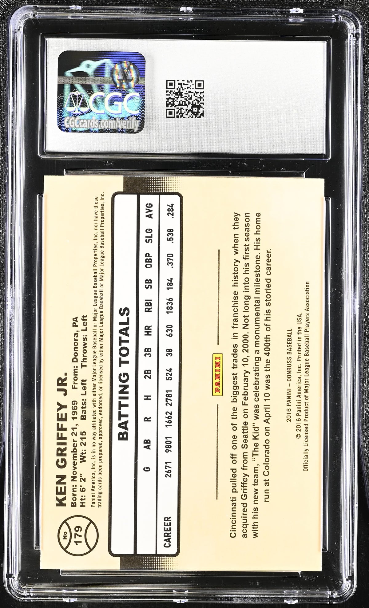 2016 Donruss Ken Griffey Jr. #179 CGC 10 Cincinnati Reds
