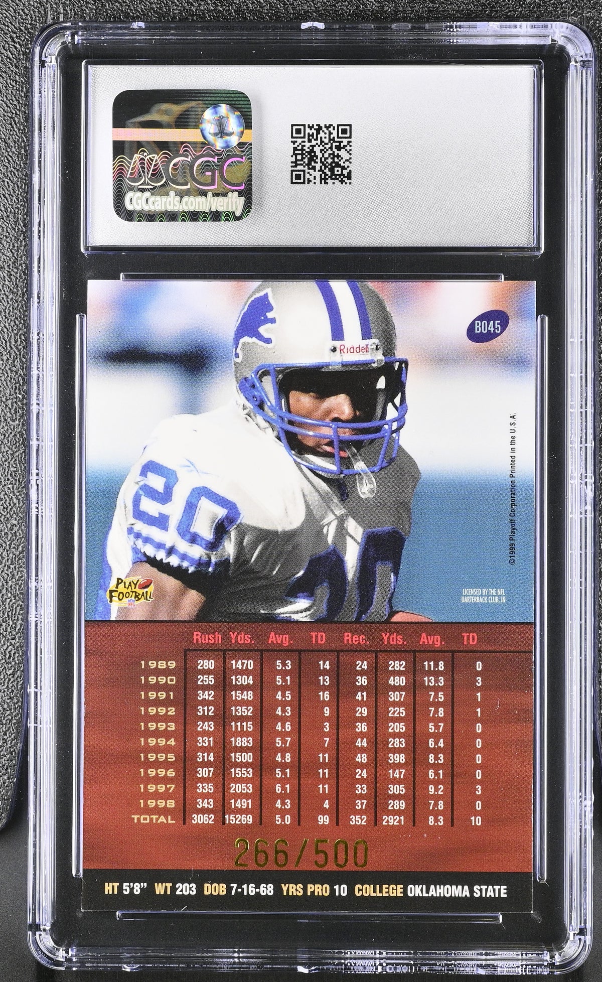 1999 Playoff Prestige SSD Barry Sanders Spectrum Blue /500 #BO45 CGC 9 Lions