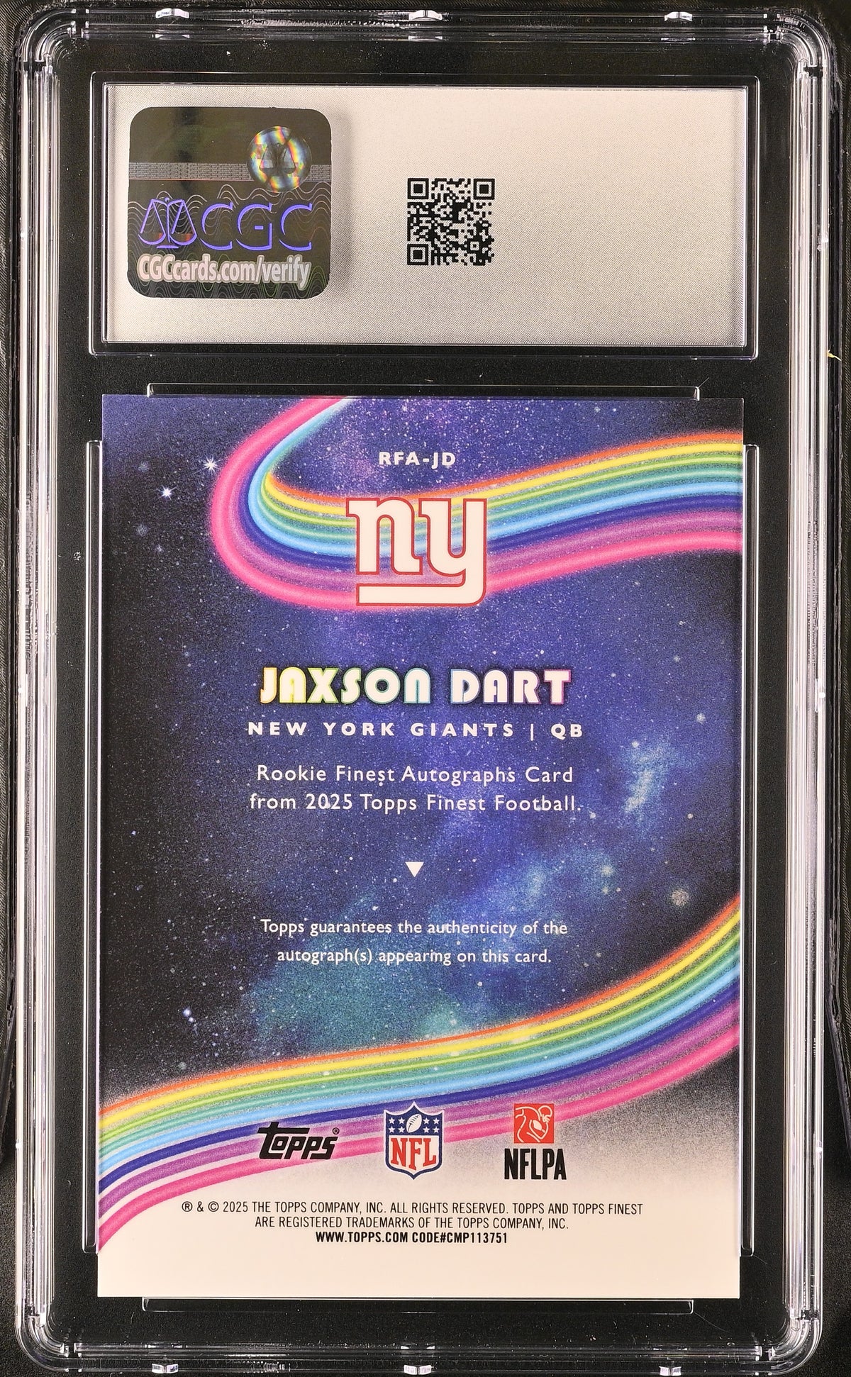 2025 Topps Finest Jaxson Dart Blue Refractor /99 Rookie Autograph CGC 10 Auto